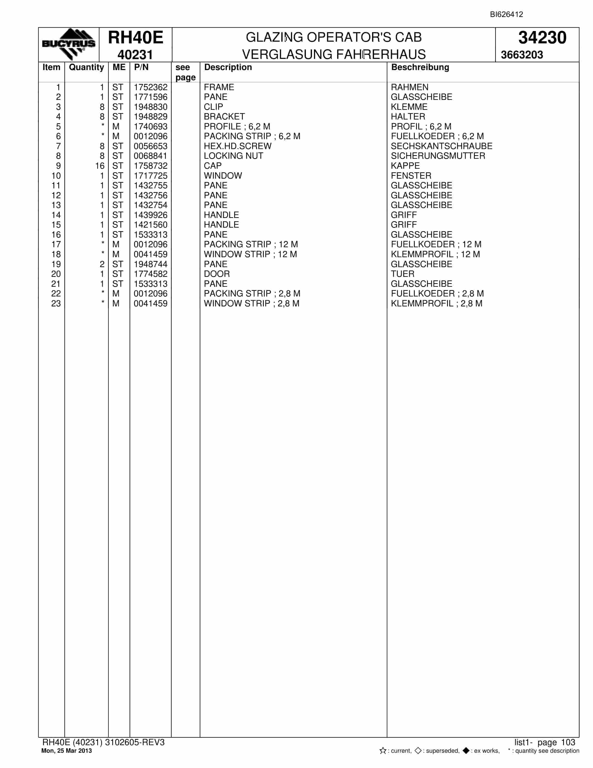 Bucyrus RH40E Hydraulic Excavator Parts Catalog BI626412-5