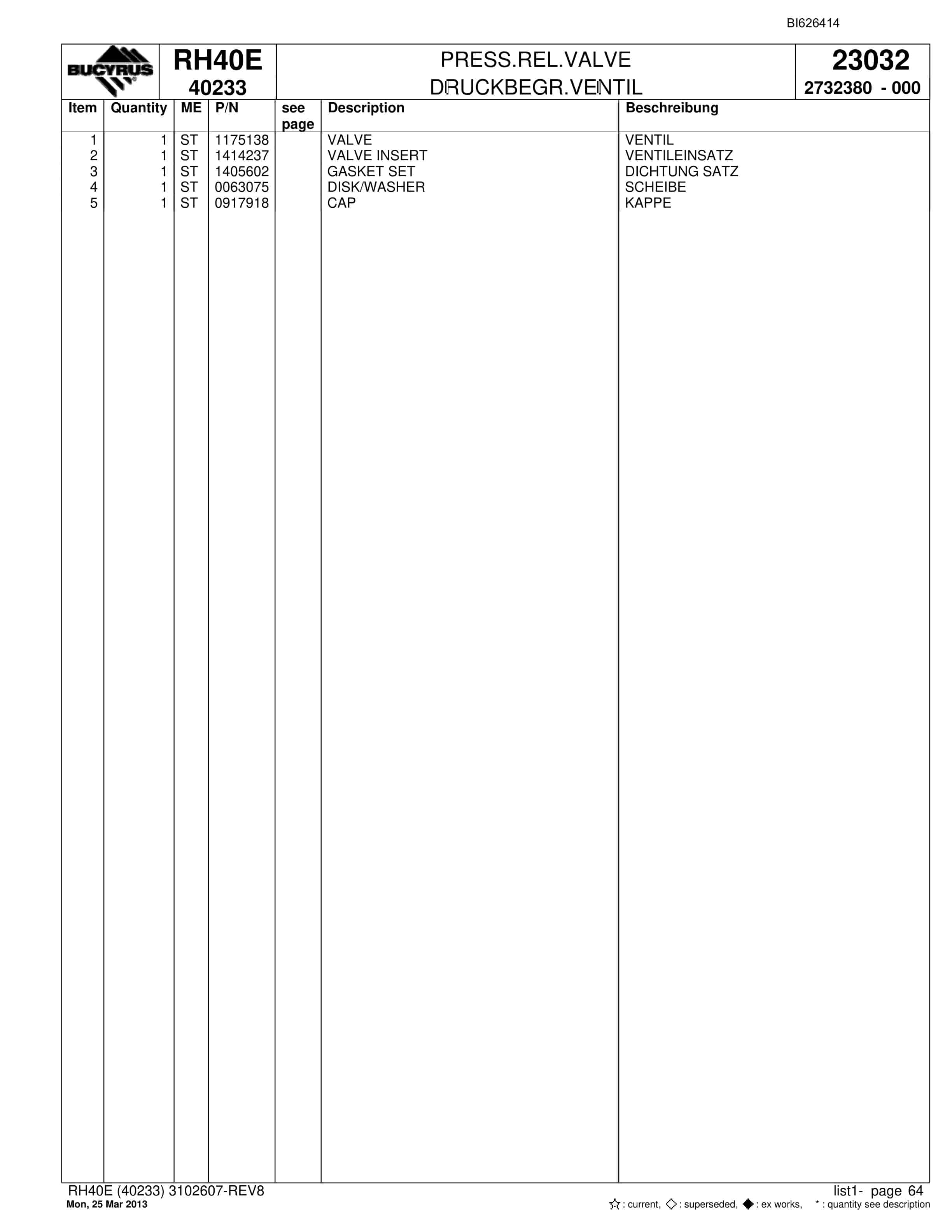 Bucyrus RH40E Hydraulic Excavator Parts Catalog BI626414-2