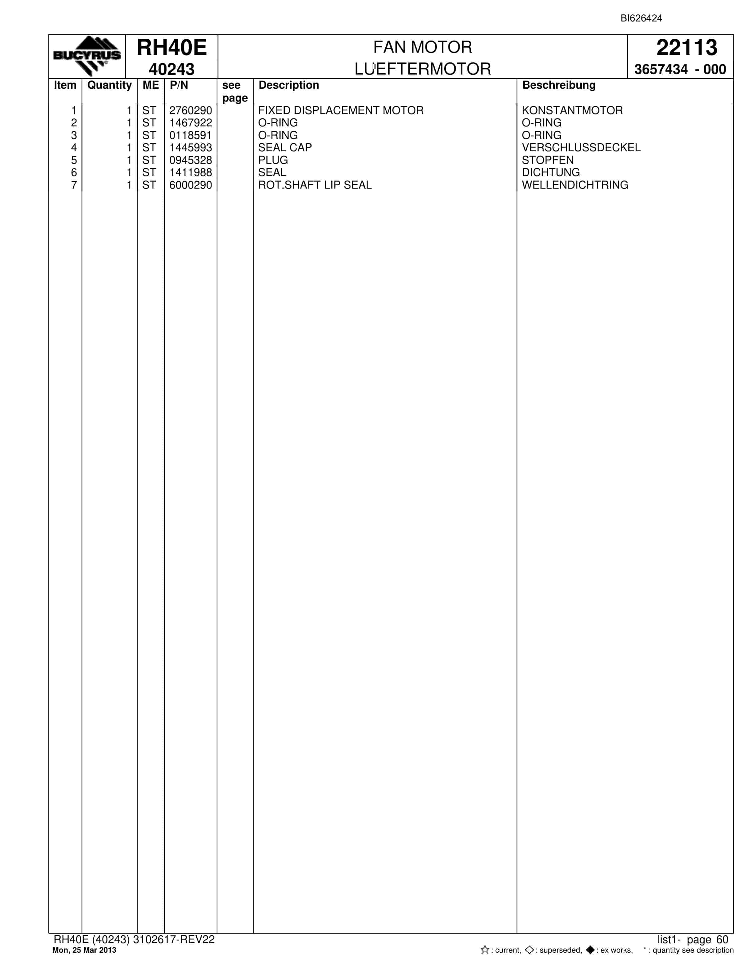 Bucyrus RH40E Hydraulic Excavator Parts Catalog BI626424-2