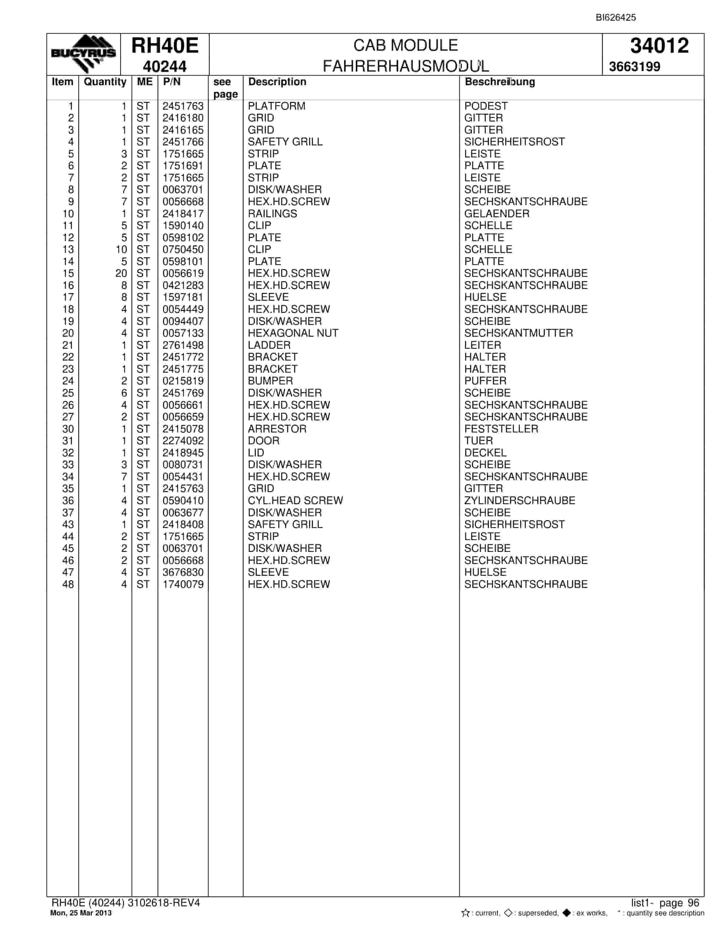 Bucyrus RH40E Hydraulic Excavator Parts Catalog BI626425-4