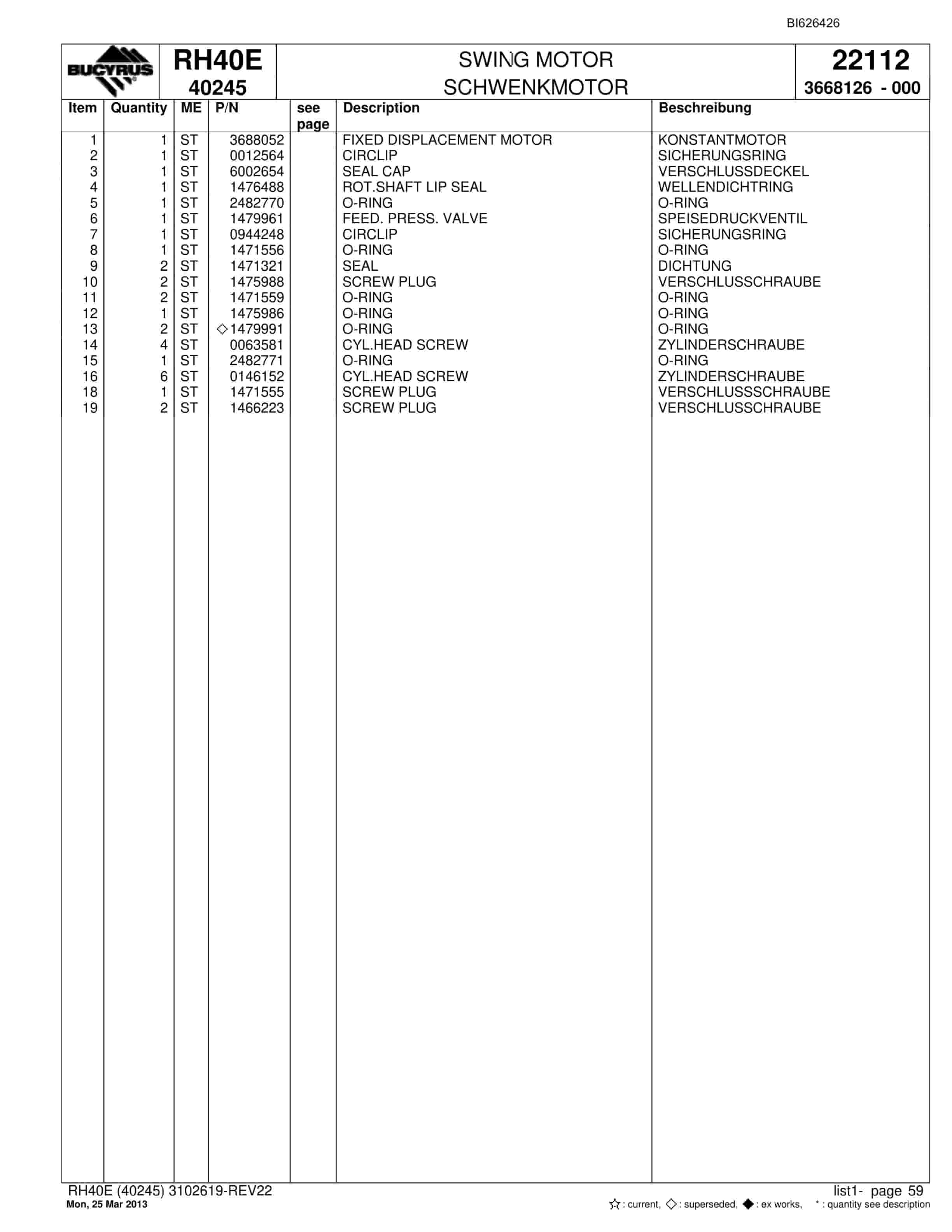 Bucyrus RH40E Hydraulic Excavator Parts Catalog BI626426-2