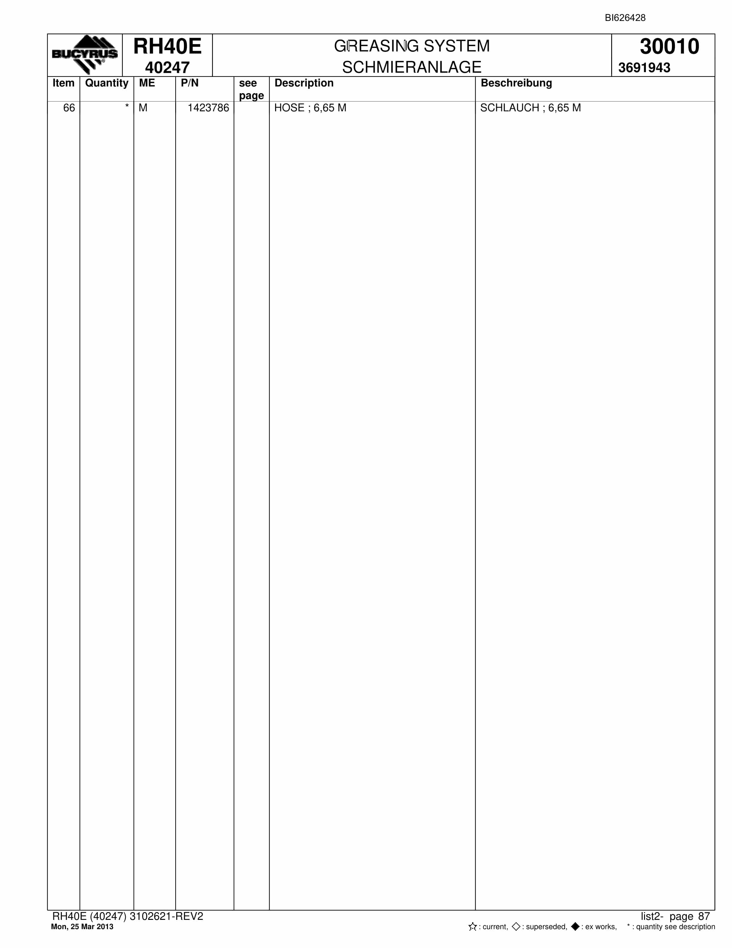 Bucyrus RH40E Hydraulic Excavator Parts Catalog BI626428-3