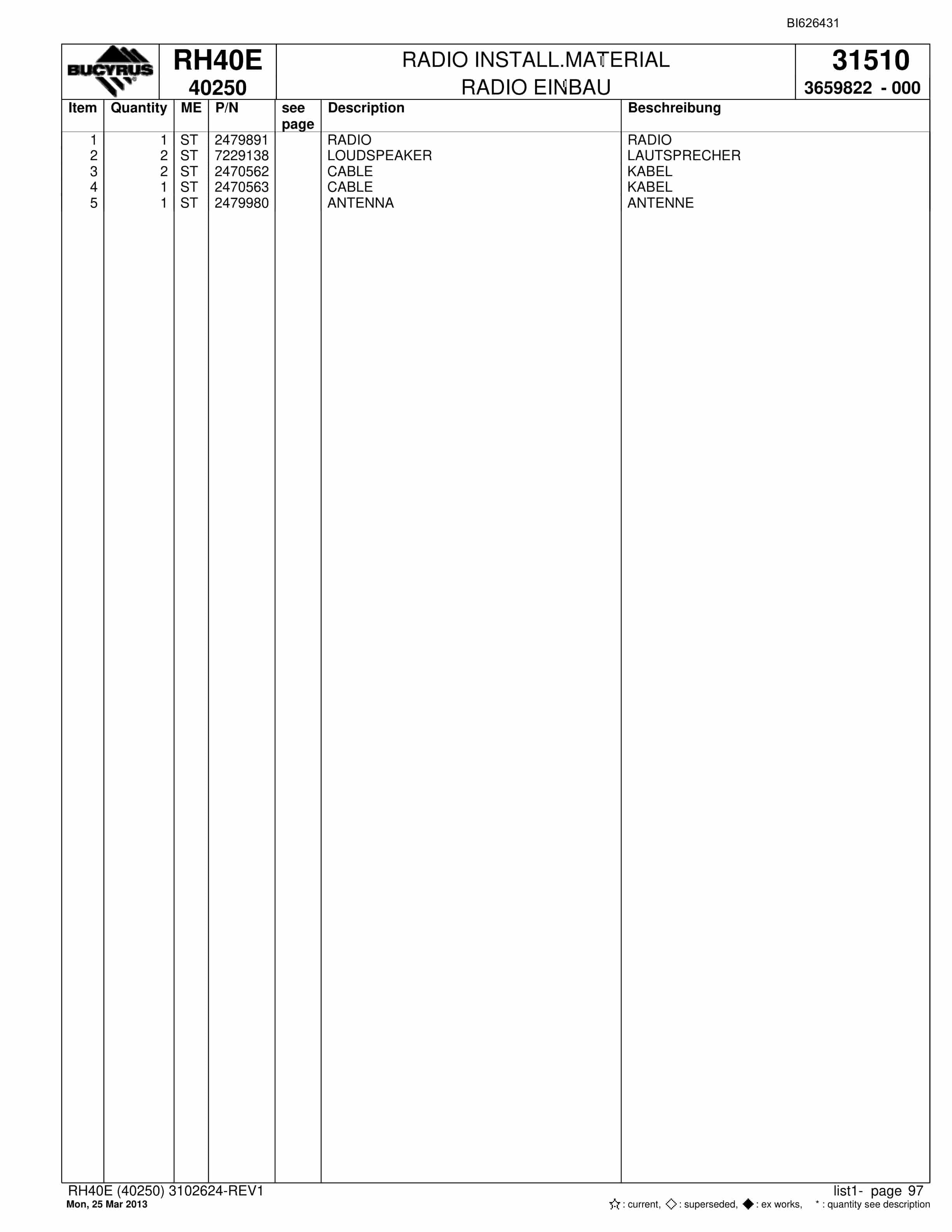 Bucyrus RH40E Hydraulic Excavator Parts Catalog BI626431-4