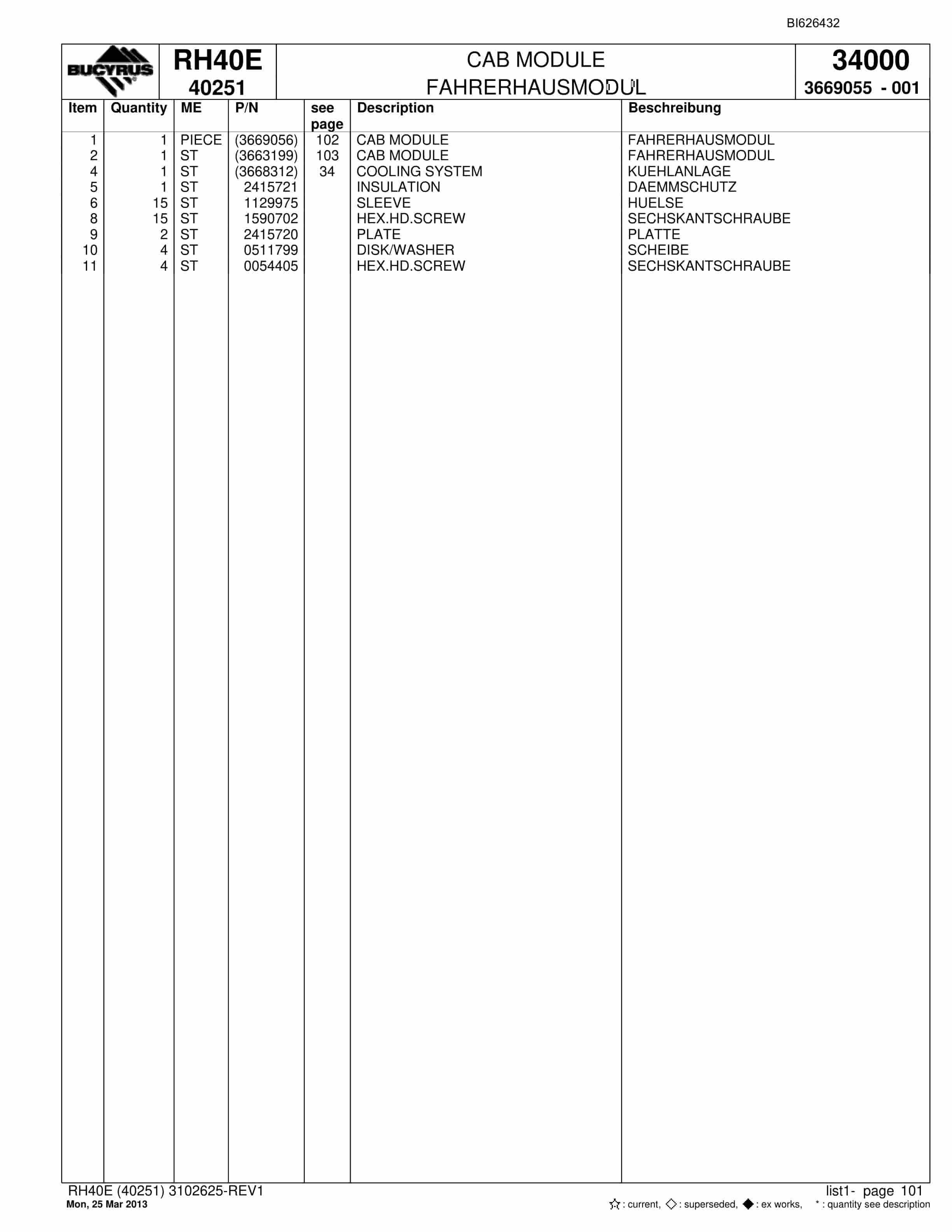 Bucyrus RH40E Hydraulic Excavator Parts Catalog BI626432-4