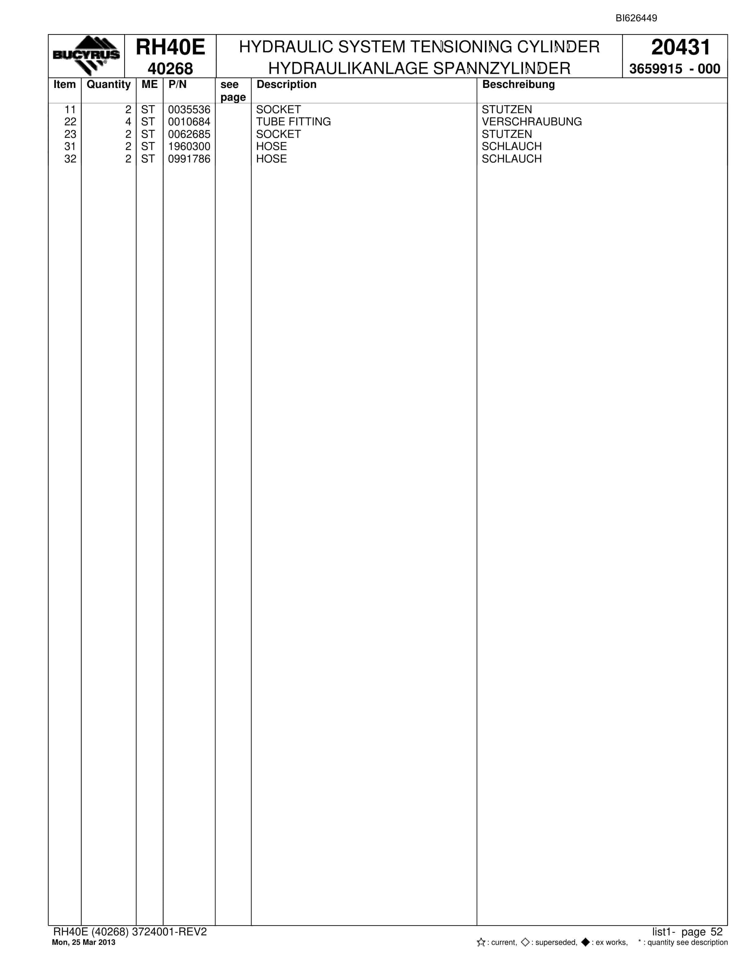 Bucyrus RH40E Hydraulic Excavator Parts Catalog BI626449-2