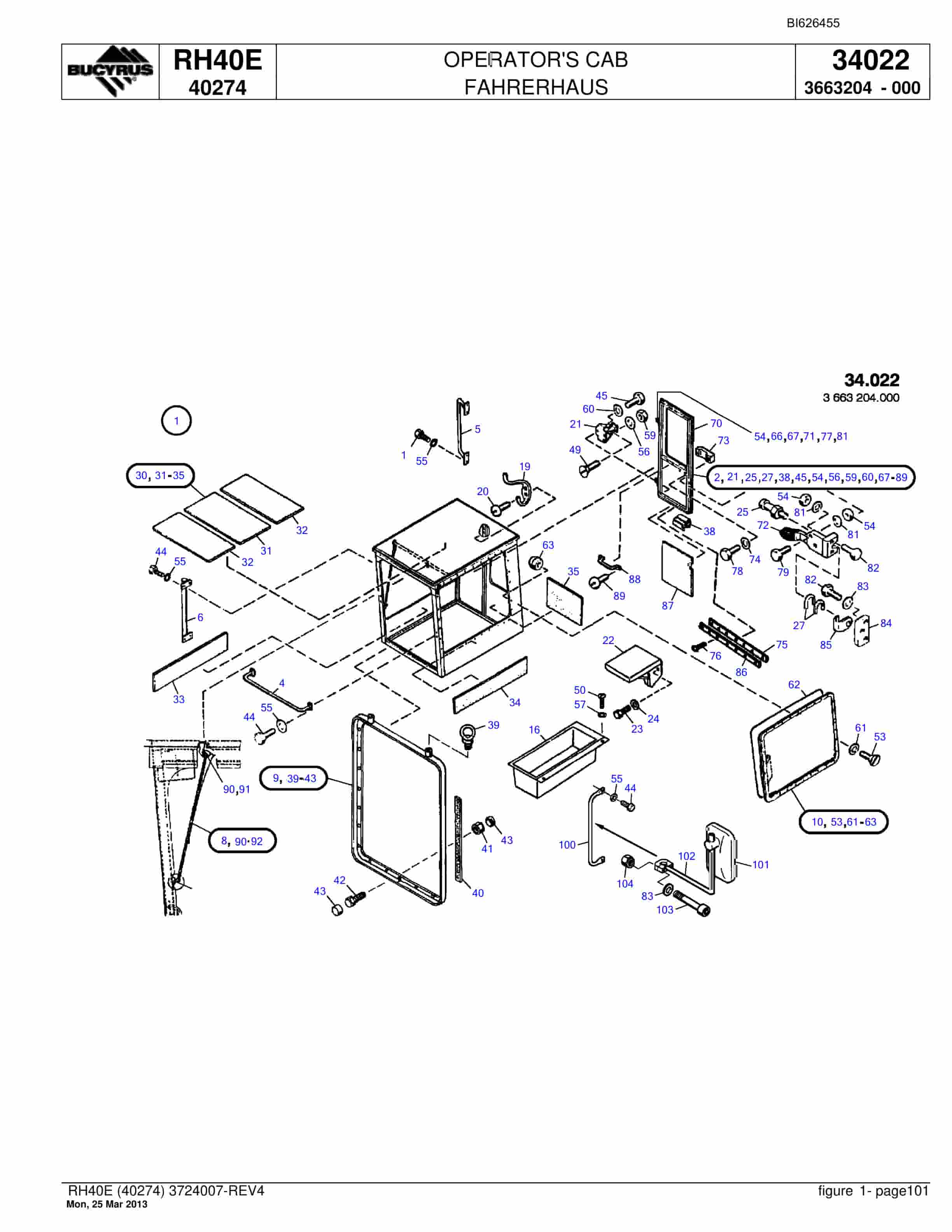 Bucyrus RH40E Hydraulic Excavator Parts Catalog BI626455-5