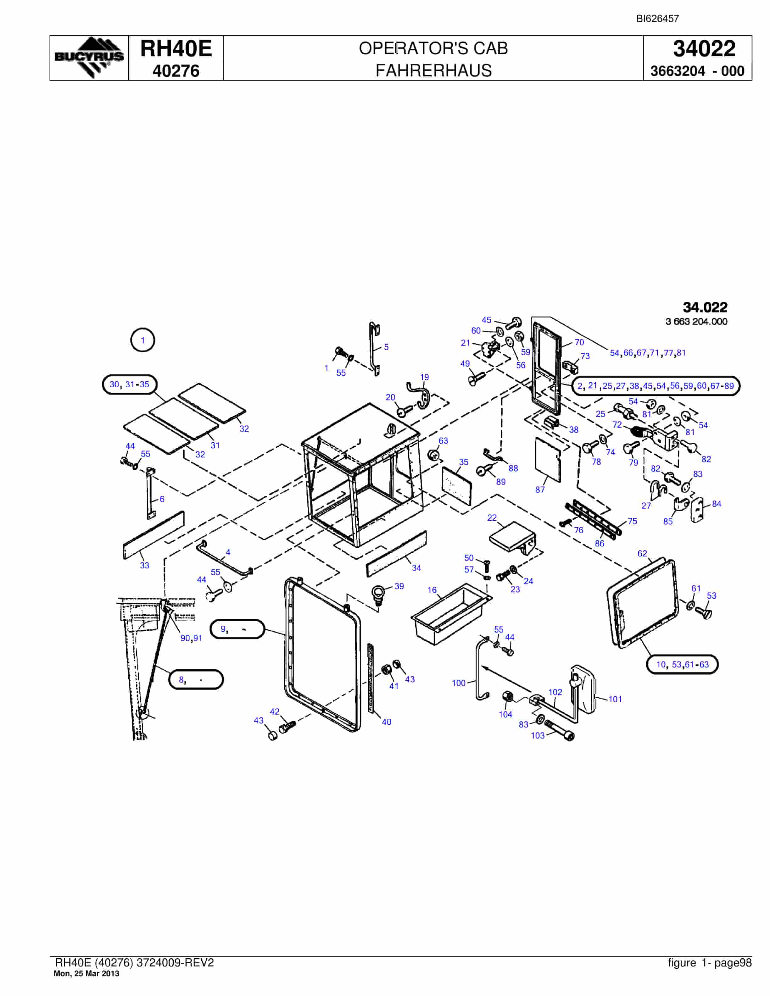 Bucyrus RH40E Hydraulic Excavator Parts Catalog BI626457-5