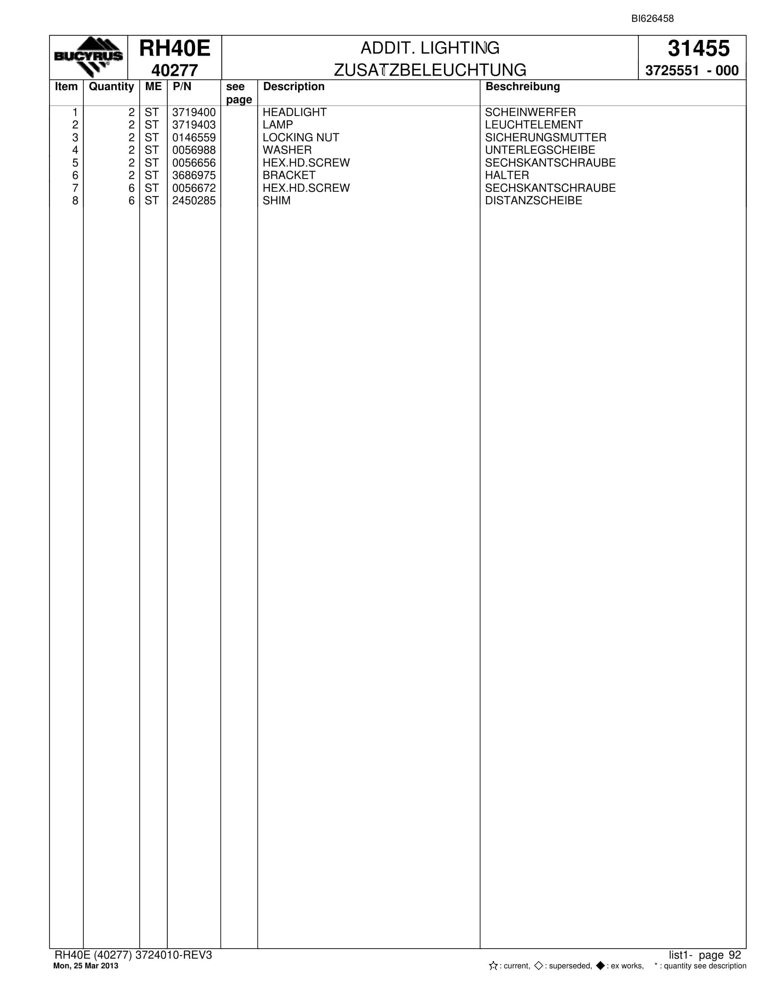 Bucyrus RH40E Hydraulic Excavator Parts Catalog BI626458-4