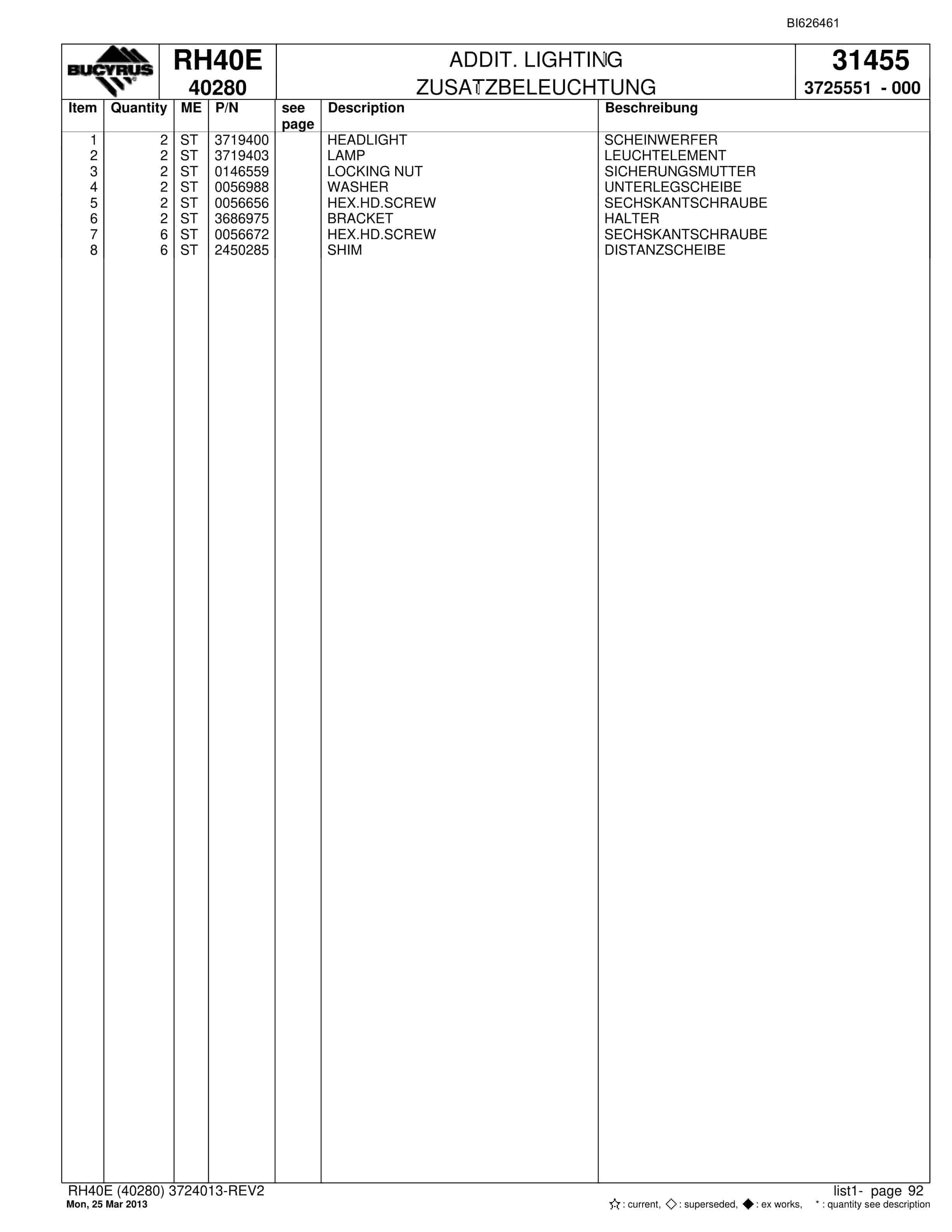 Bucyrus RH40E Hydraulic Excavator Parts Catalog BI626461-4