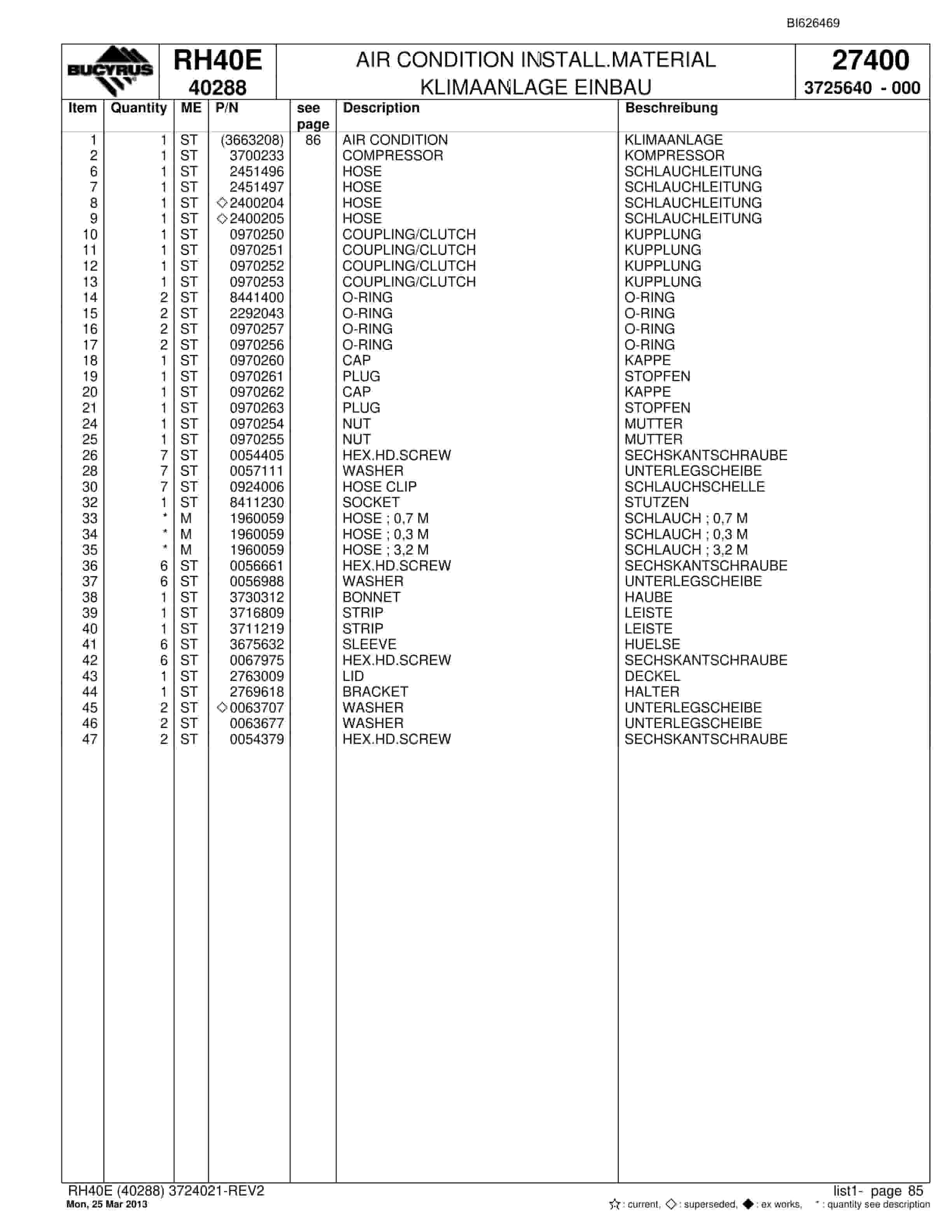 Bucyrus RH40E Hydraulic Excavator Parts Catalog BI626469-3