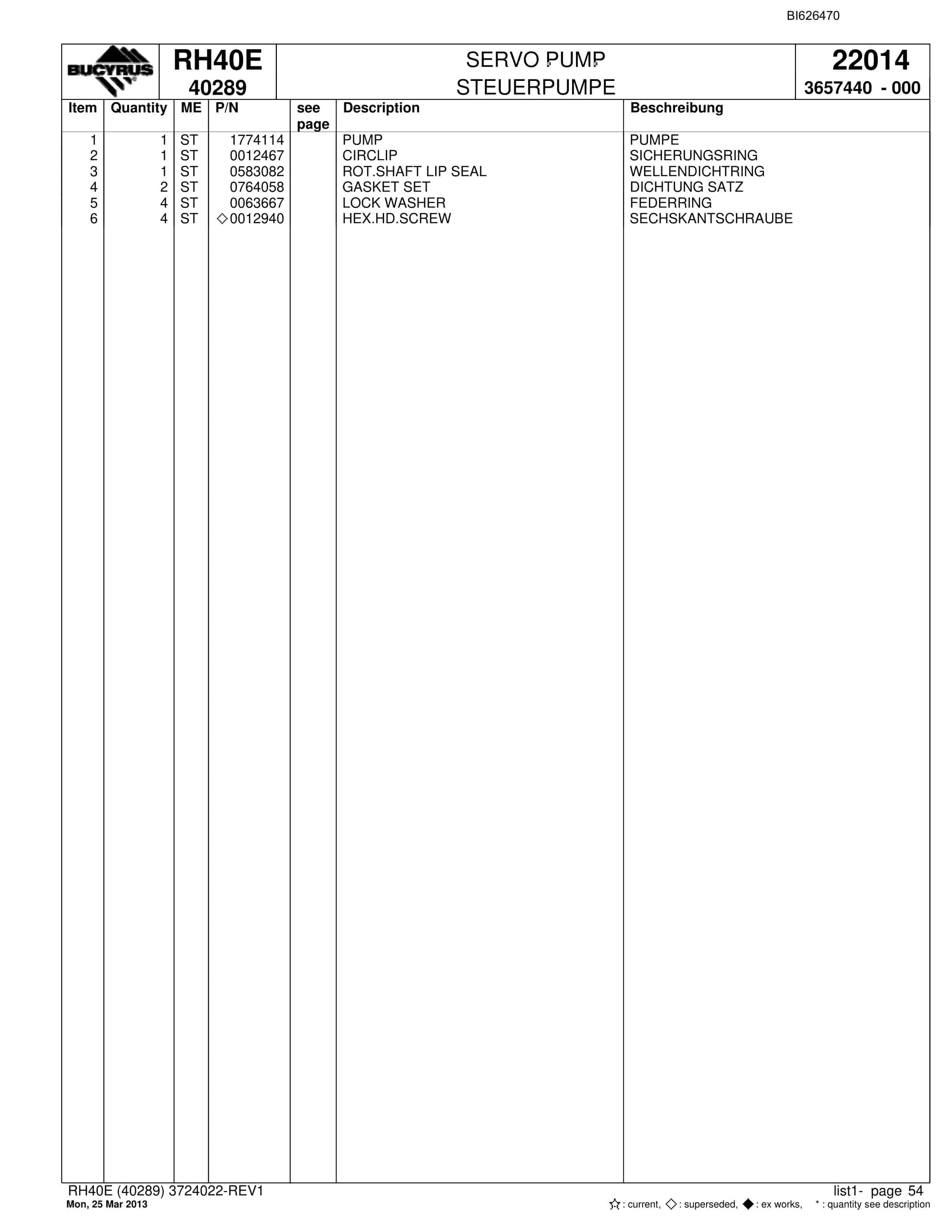 Bucyrus RH40E Hydraulic Excavator Parts Catalog BI626470-2