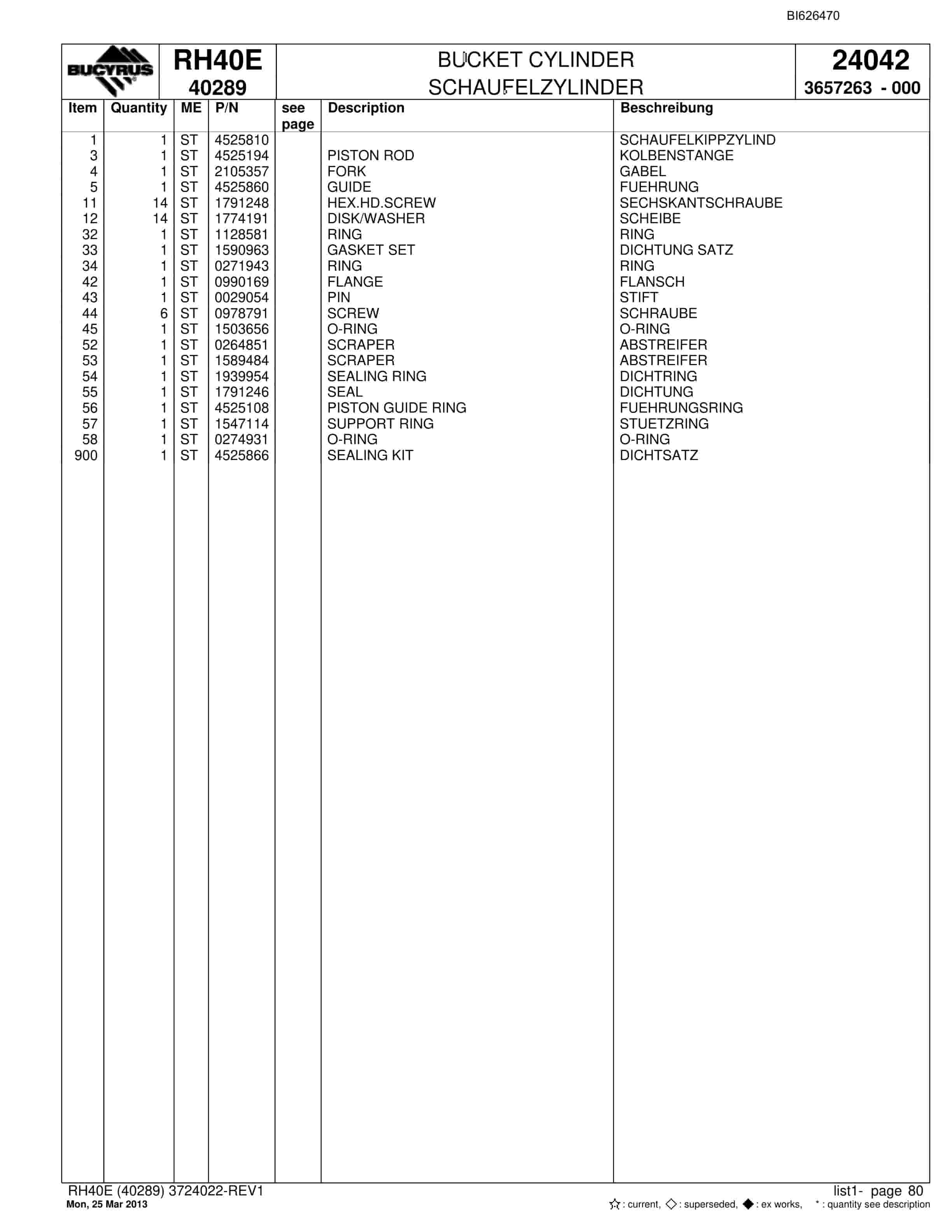 Bucyrus RH40E Hydraulic Excavator Parts Catalog BI626470-3