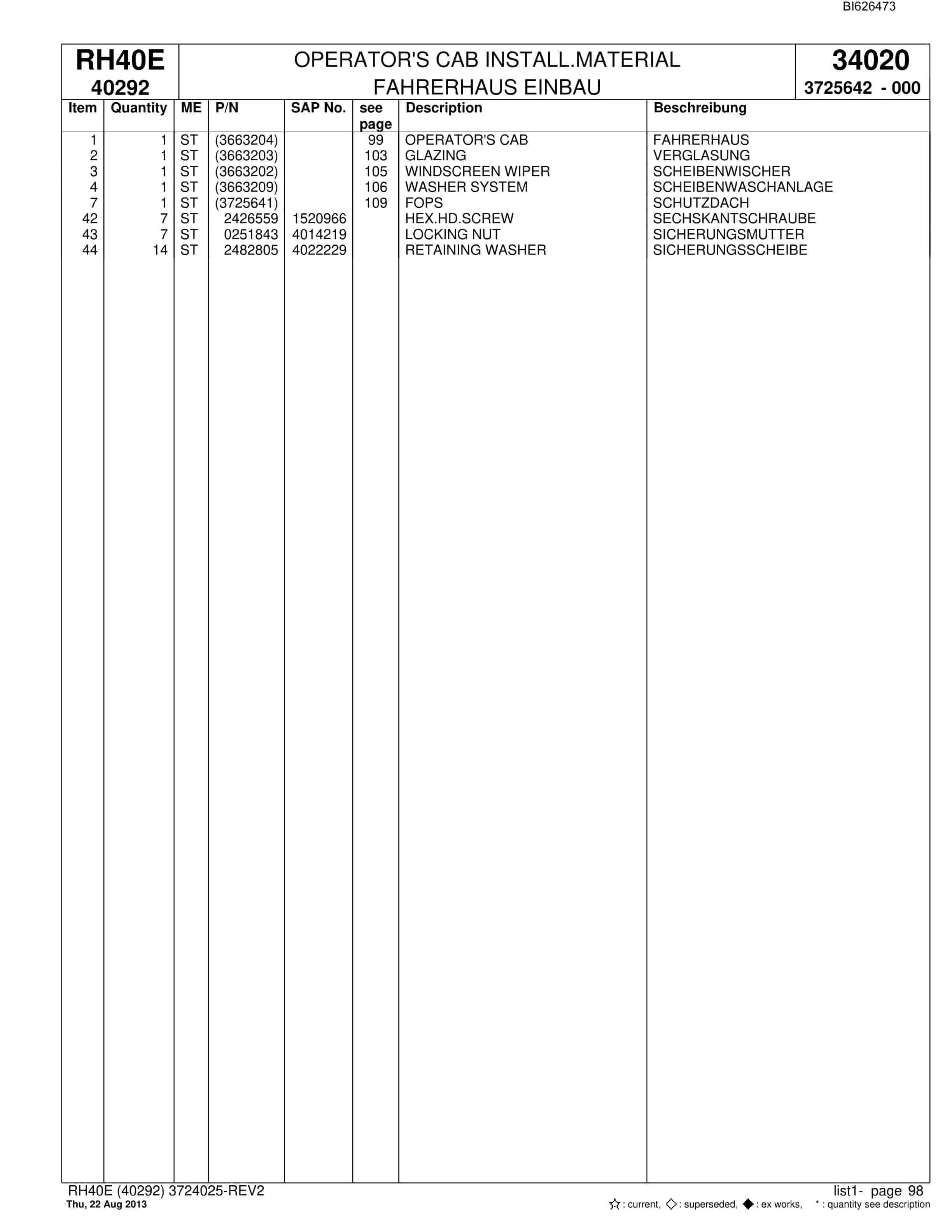 Bucyrus RH40E Hydraulic Excavator Parts Catalog BI626473-5