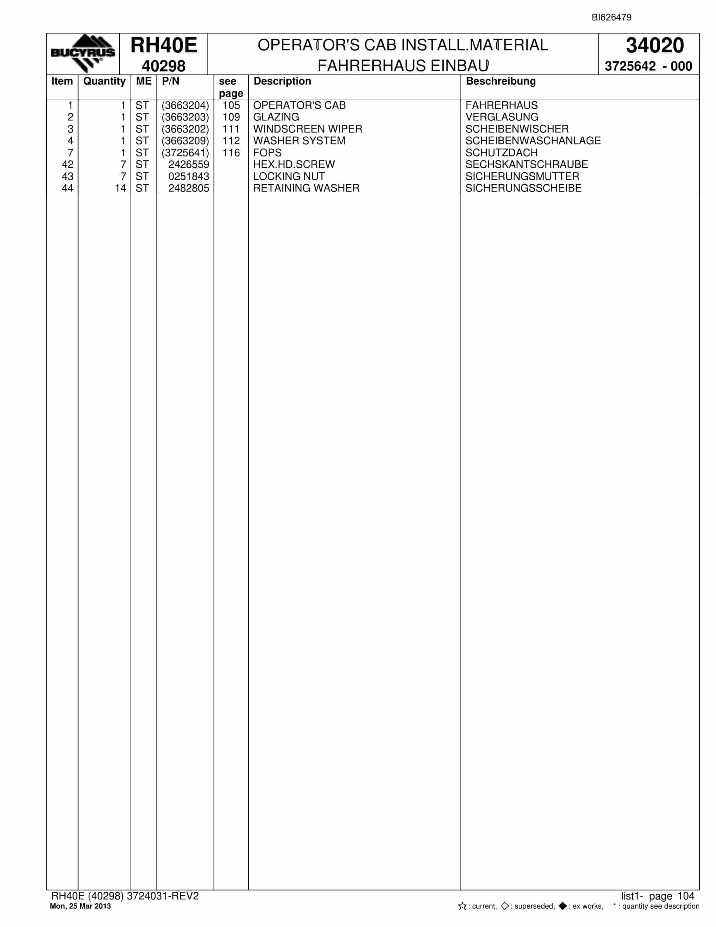 Bucyrus RH40E Hydraulic Excavator Parts Catalog BI626479-5