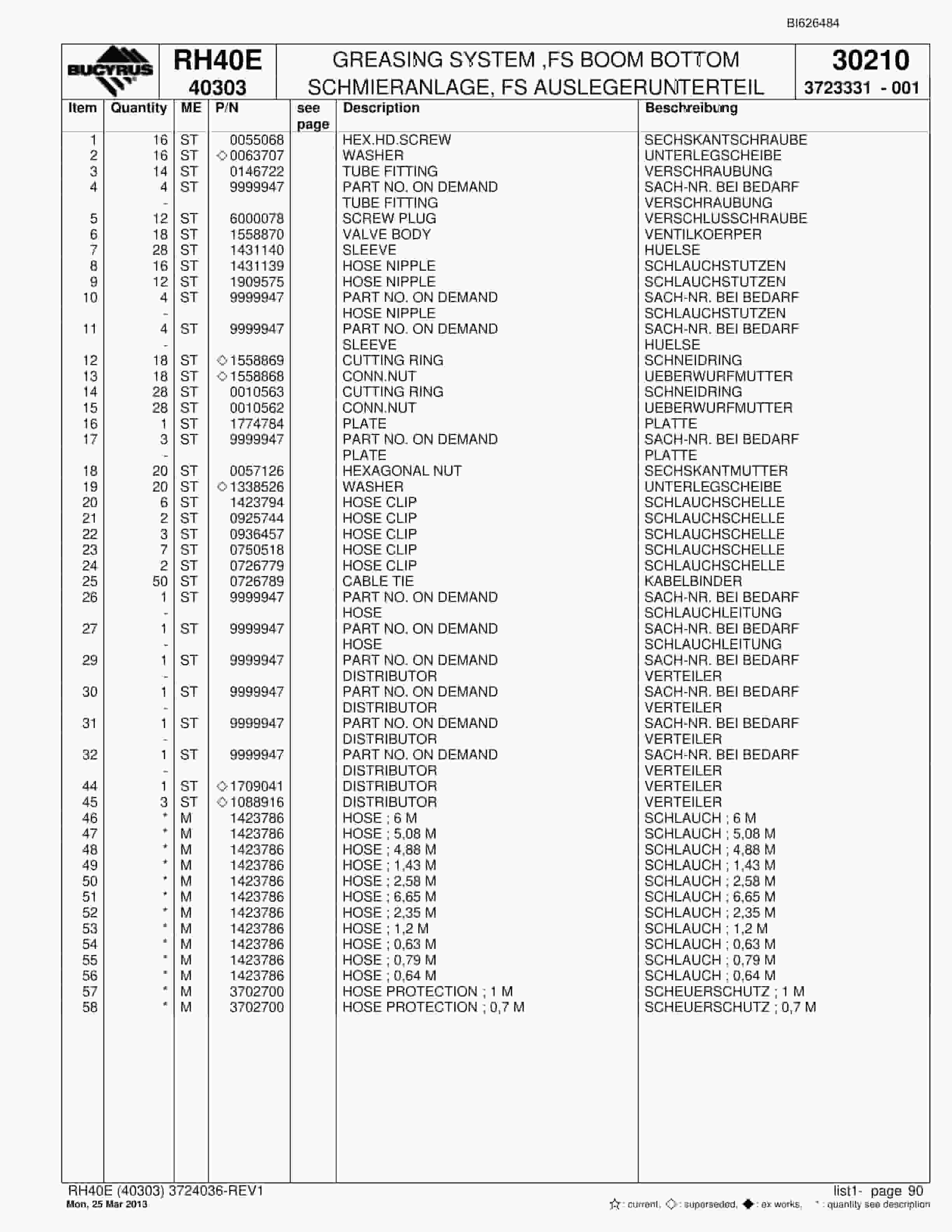 Bucyrus RH40E Hydraulic Excavator Parts Catalog BI626484-4