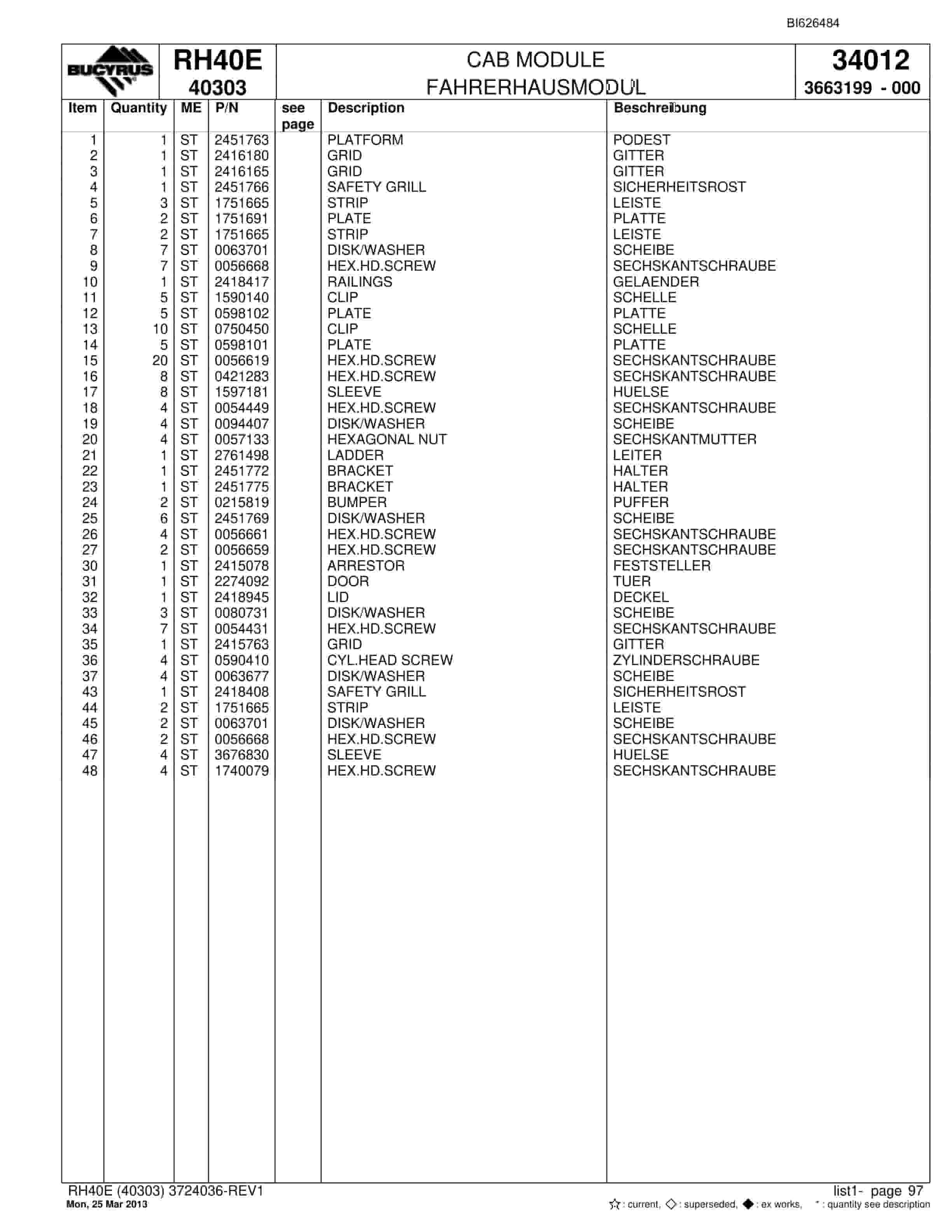Bucyrus RH40E Hydraulic Excavator Parts Catalog BI626484-5