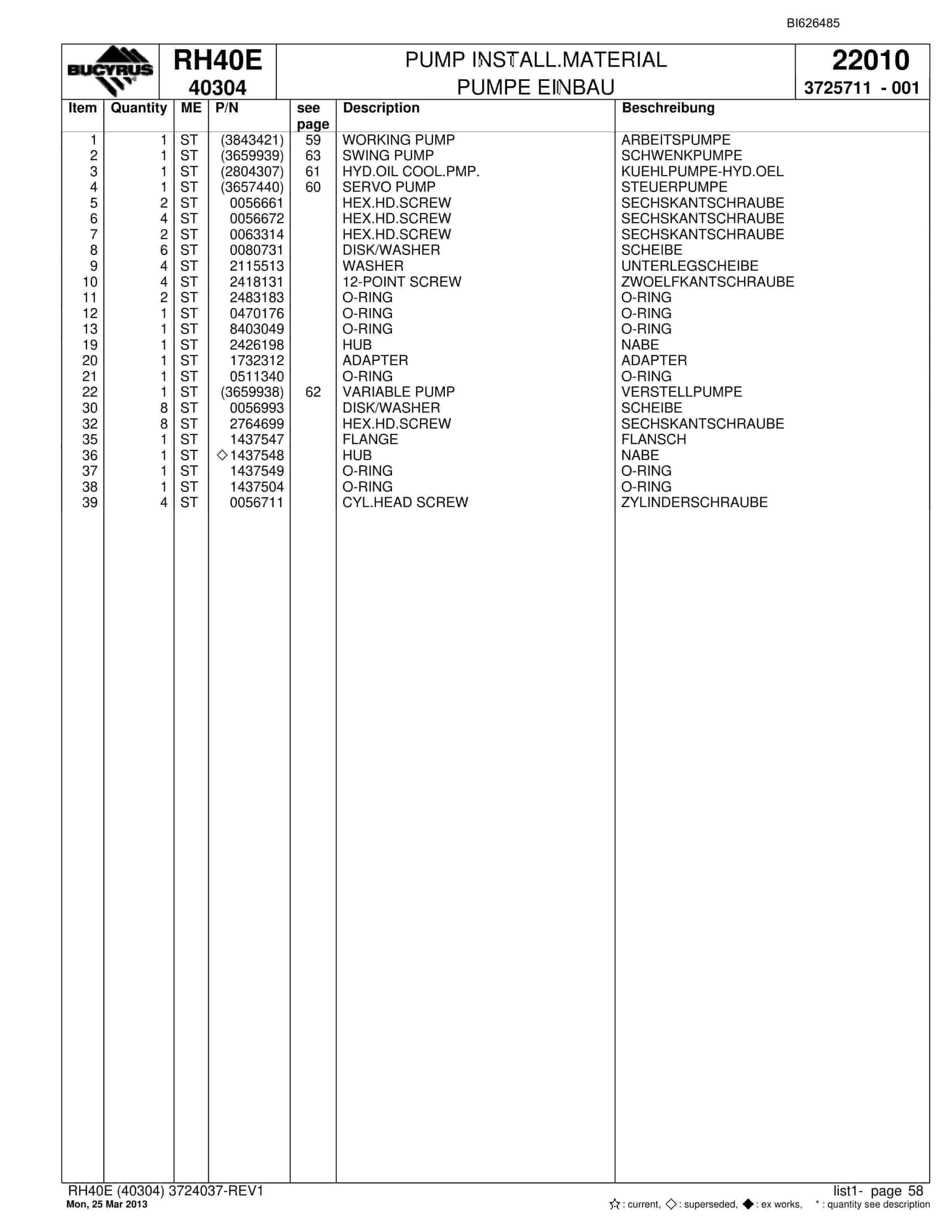 Bucyrus RH40E Hydraulic Excavator Parts Catalog BI626485-2