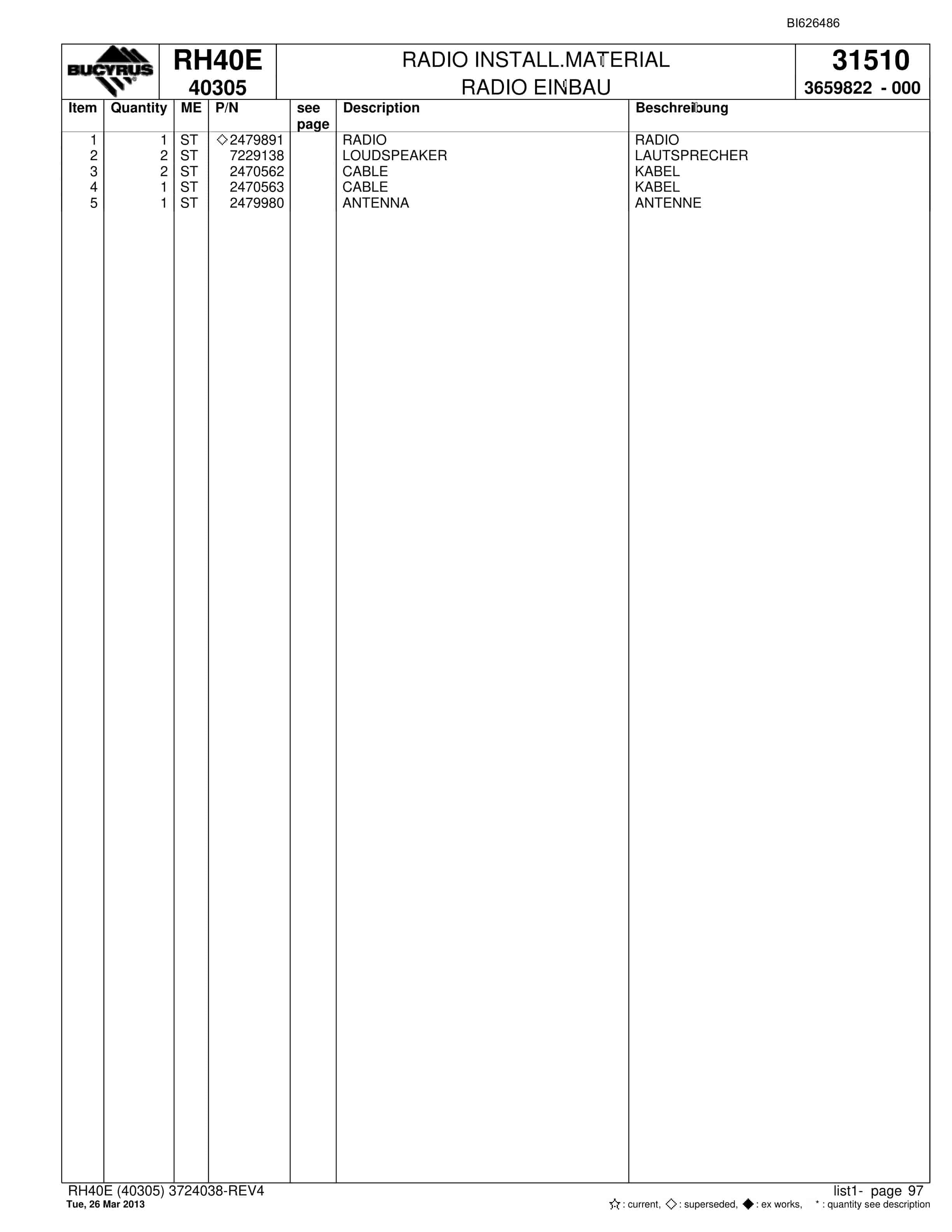 Bucyrus RH40E Hydraulic Excavator Parts Catalog BI626486-4