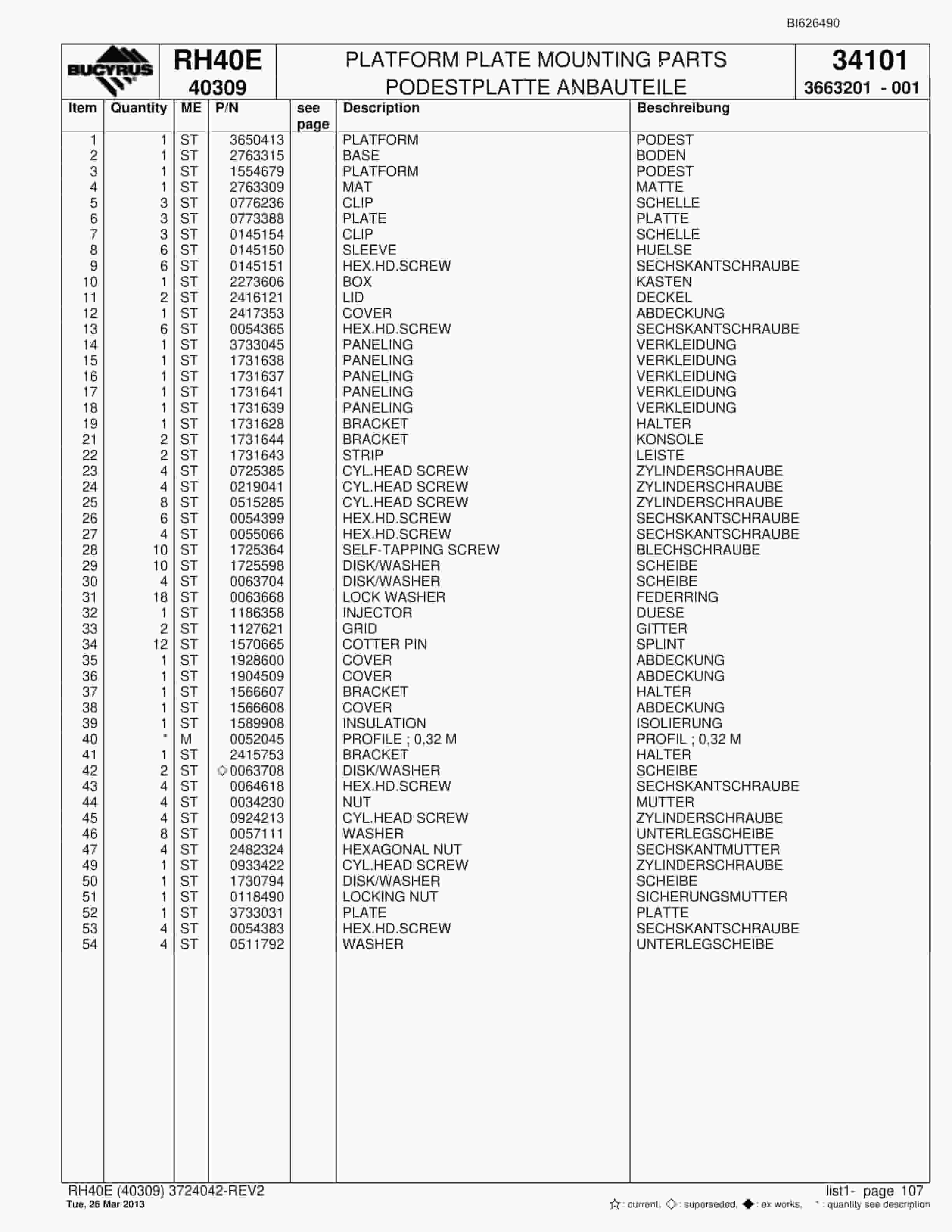 Bucyrus RH40E Hydraulic Excavator Parts Catalog BI626490-5