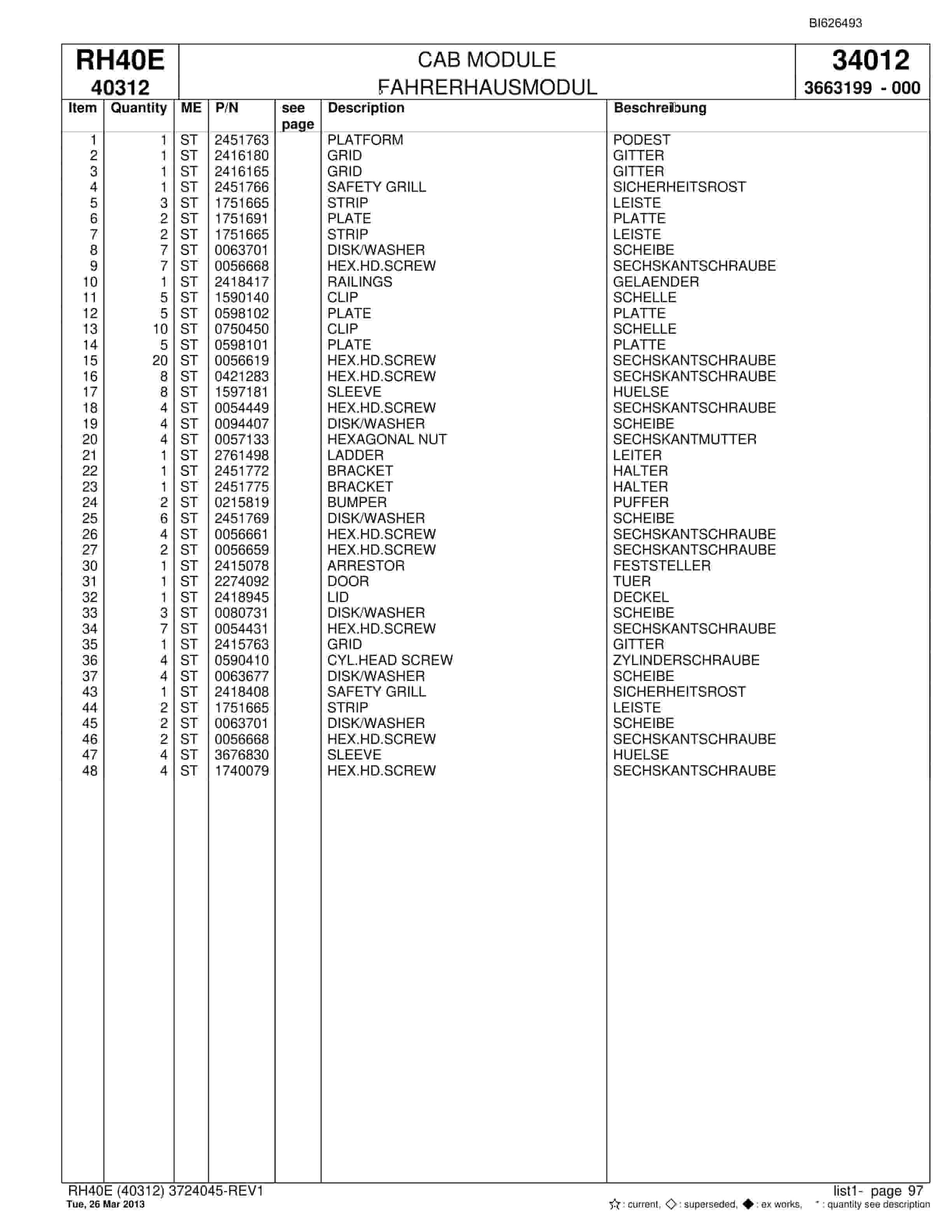 Bucyrus RH40E Hydraulic Excavator Parts Catalog BI626493-5