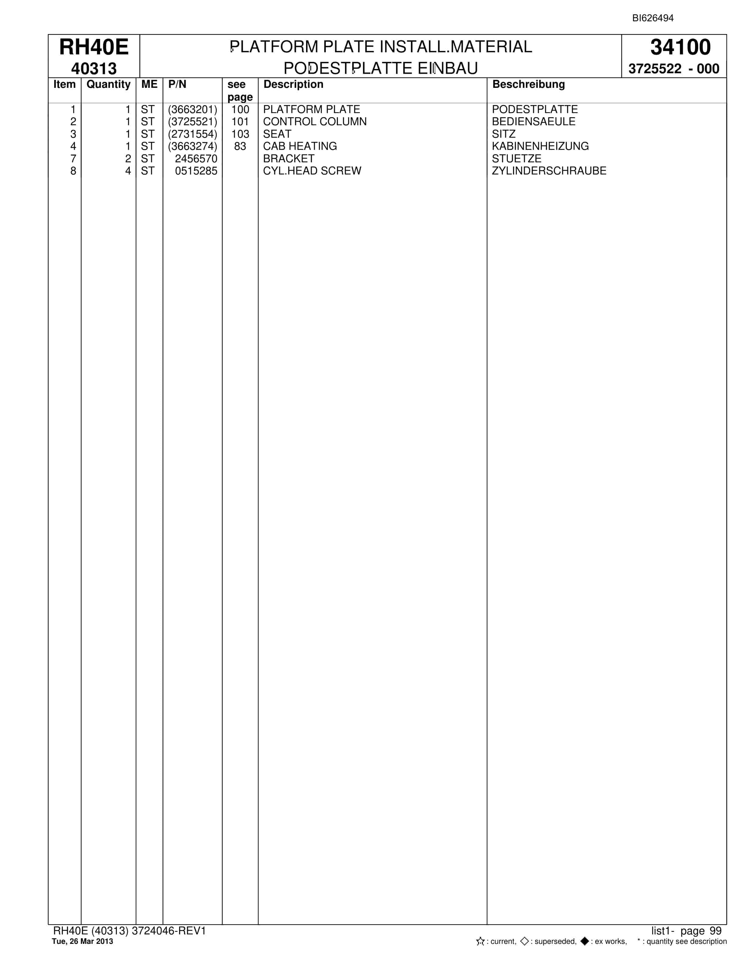 Bucyrus RH40E Hydraulic Excavator Parts Catalog BI626494-5