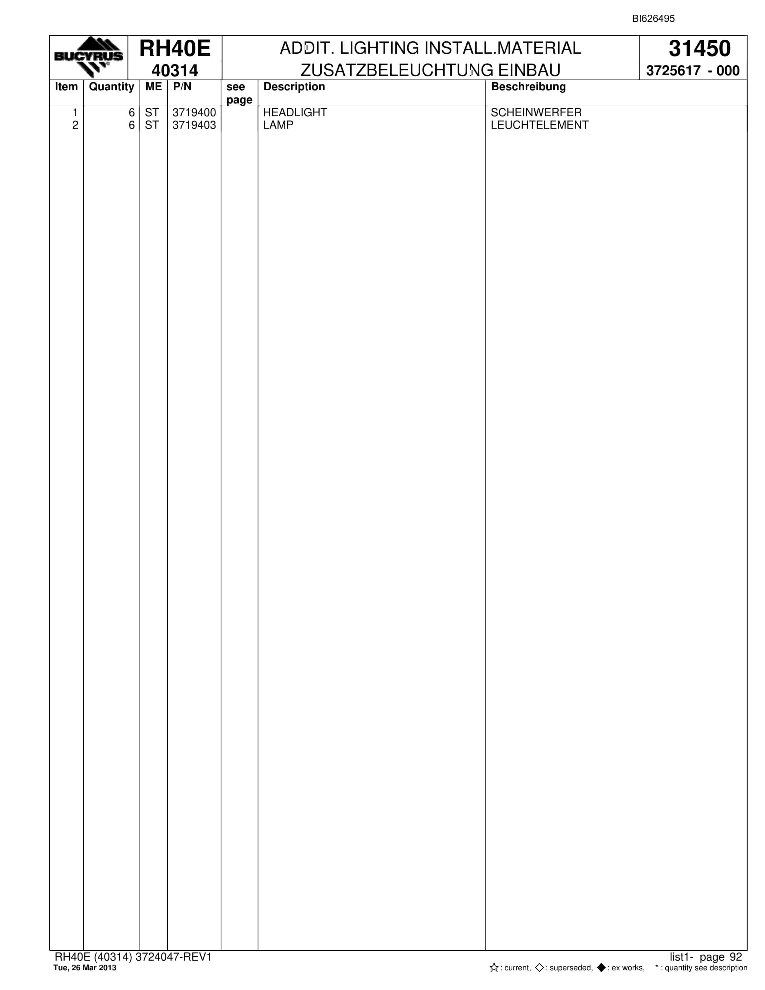 Bucyrus RH40E Hydraulic Excavator Parts Catalog BI626495-4