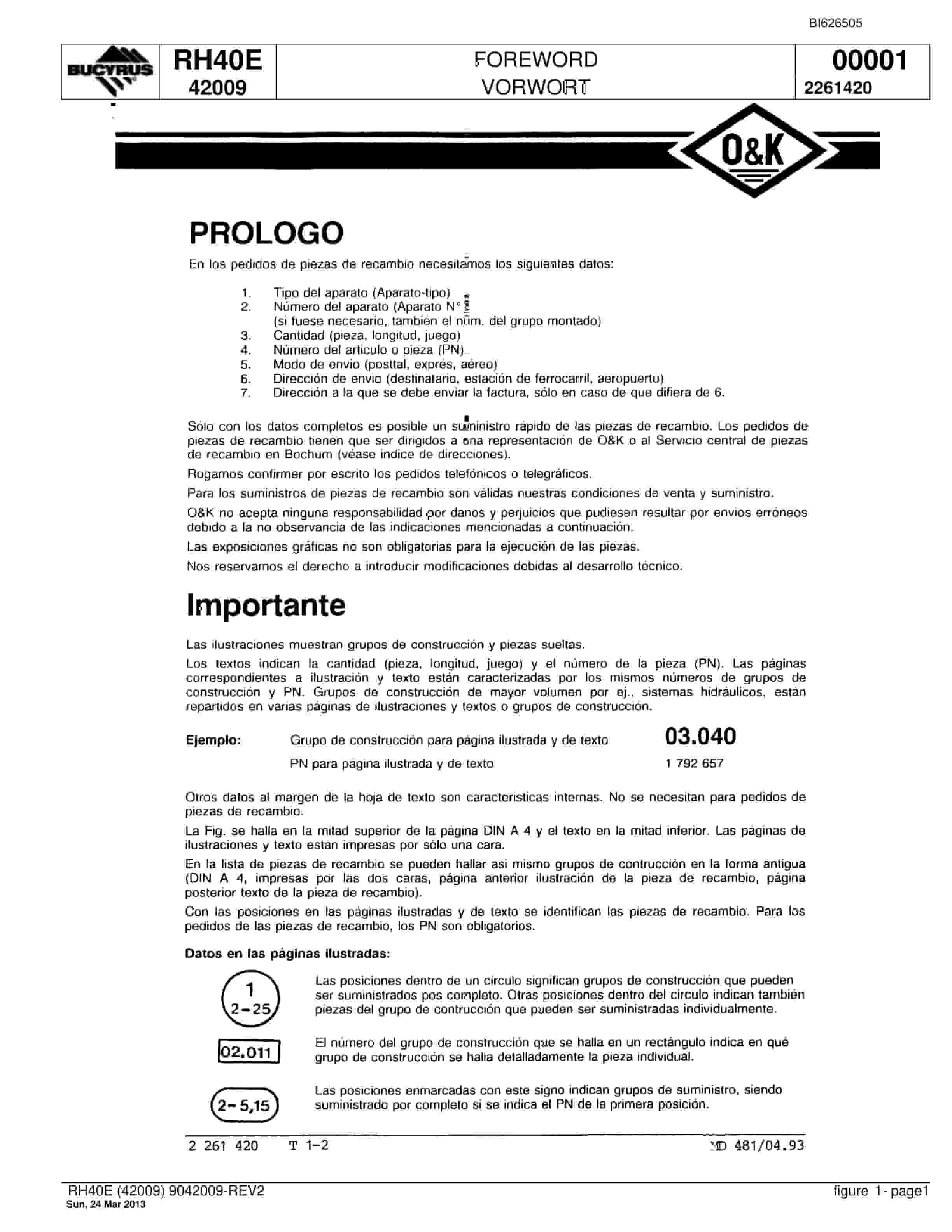 Bucyrus RH40E Hydraulic Excavator Parts Catalog BI626505