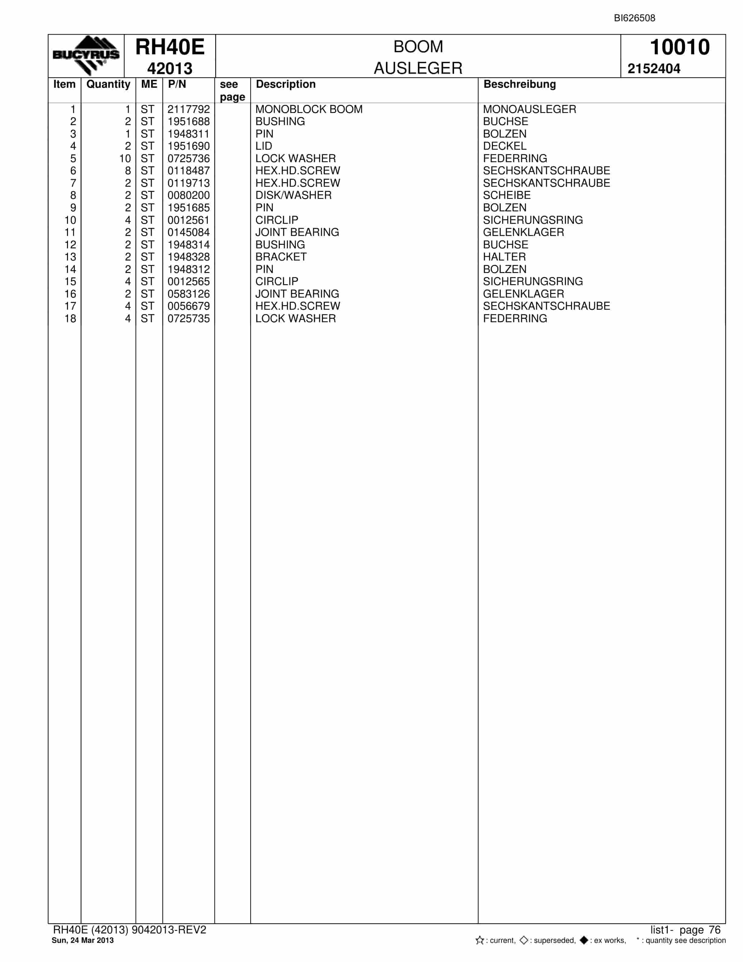 Bucyrus RH40E Hydraulic Excavator Parts Catalog BI626508-4