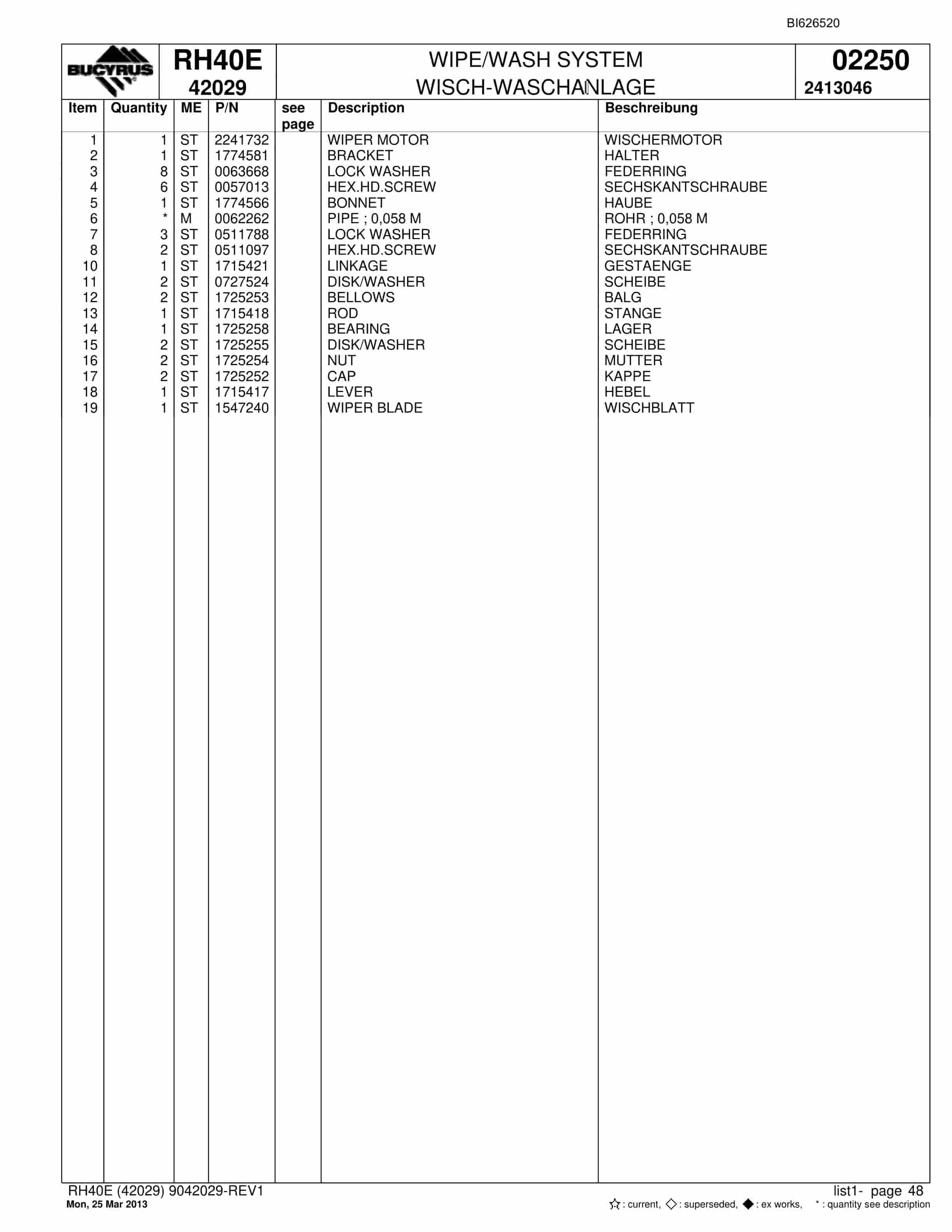 Bucyrus RH40E Hydraulic Excavator Parts Catalog BI626520-2