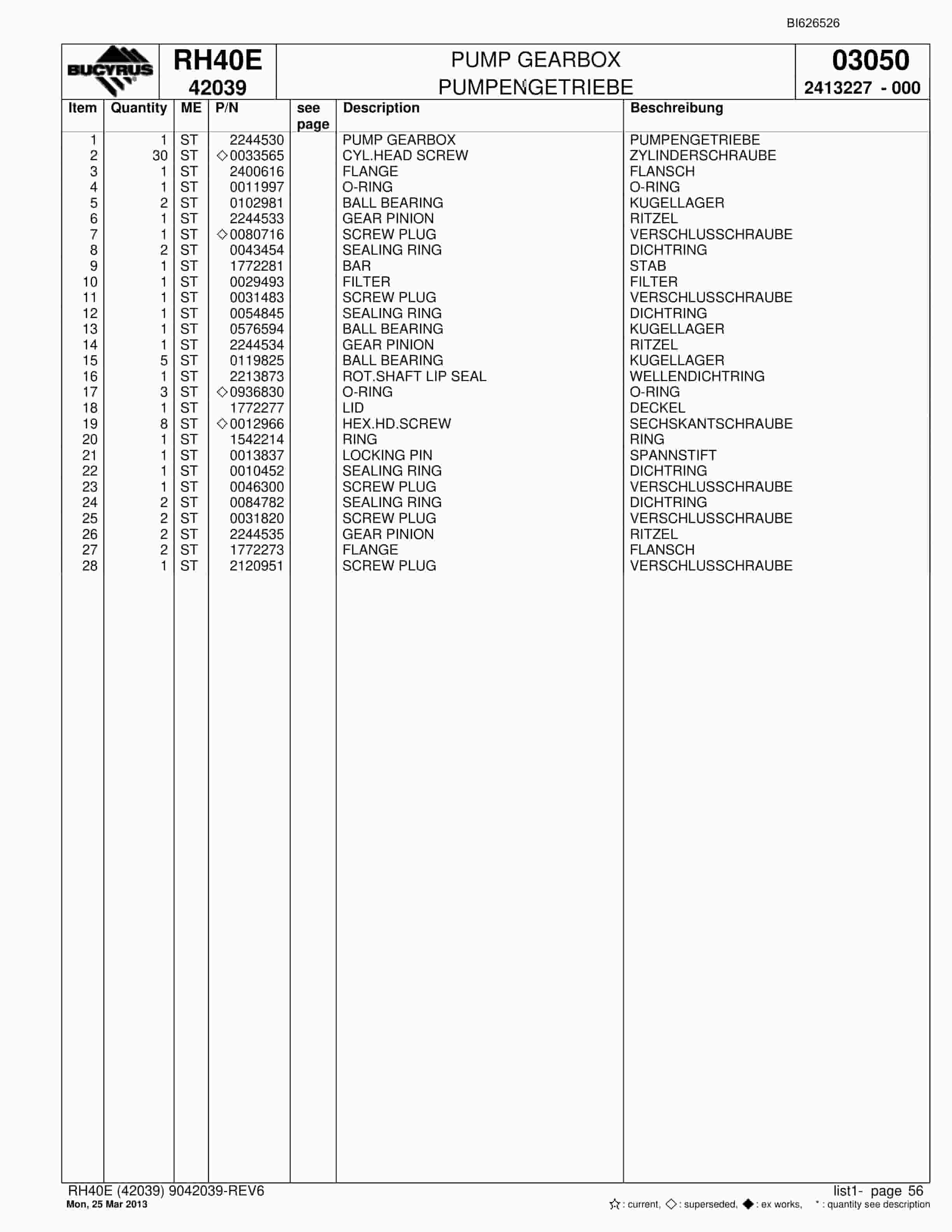 Bucyrus RH40E Hydraulic Excavator Parts Catalog BI626526-4