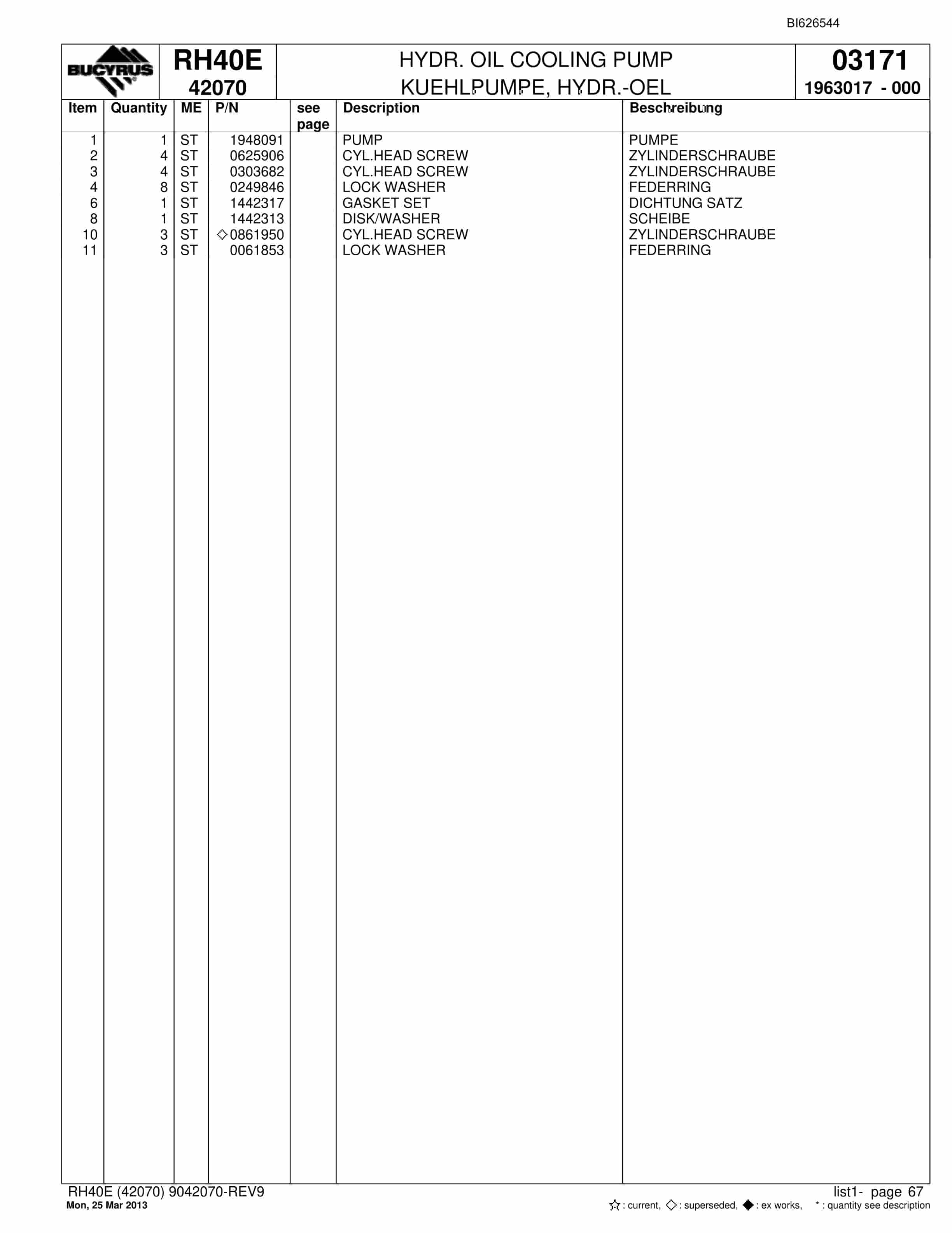 Bucyrus RH40E Hydraulic Excavator Parts Catalog BI626544-5