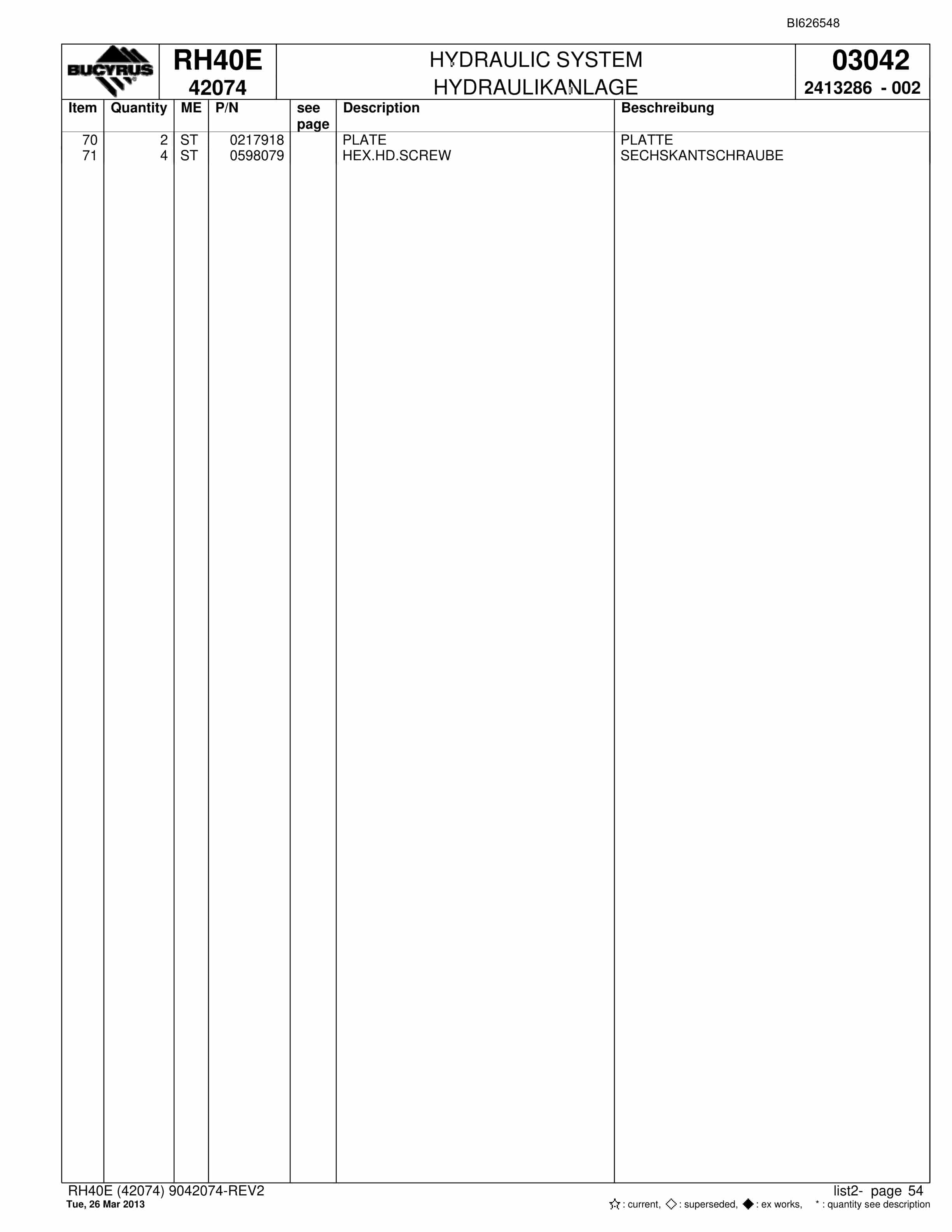 Bucyrus RH40E Hydraulic Excavator Parts Catalog BI626548-3