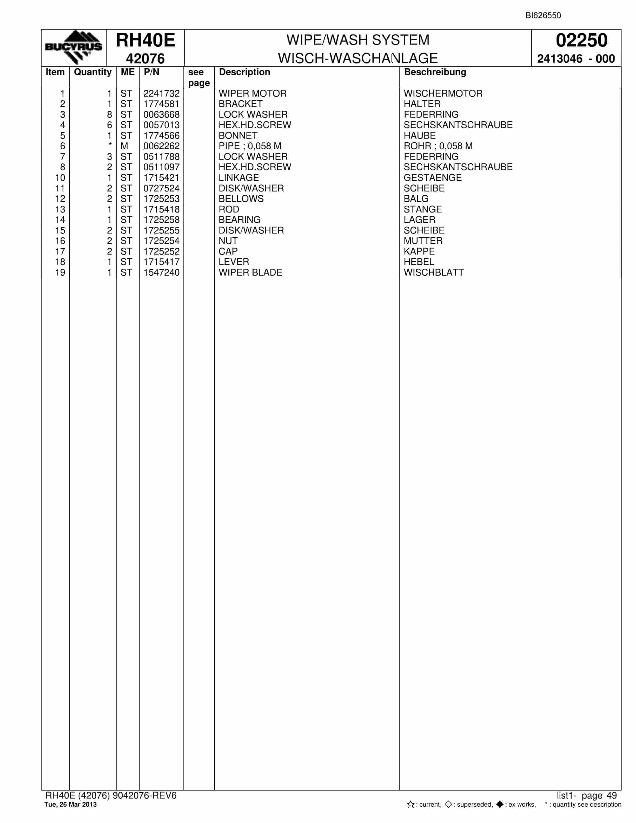 Bucyrus RH40E Hydraulic Excavator Parts Catalog BI626550-2