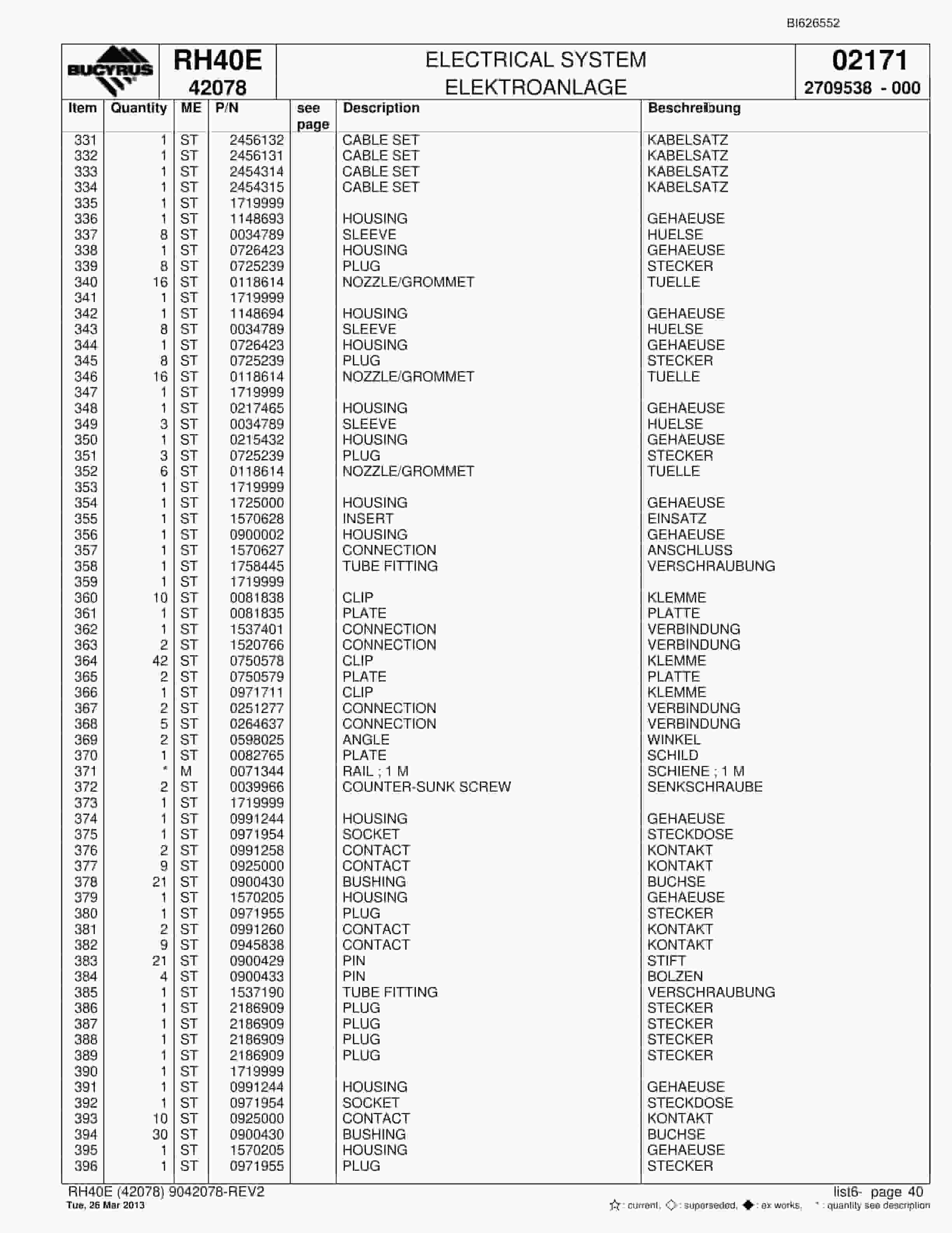 Bucyrus RH40E Hydraulic Excavator Parts Catalog BI626552-2