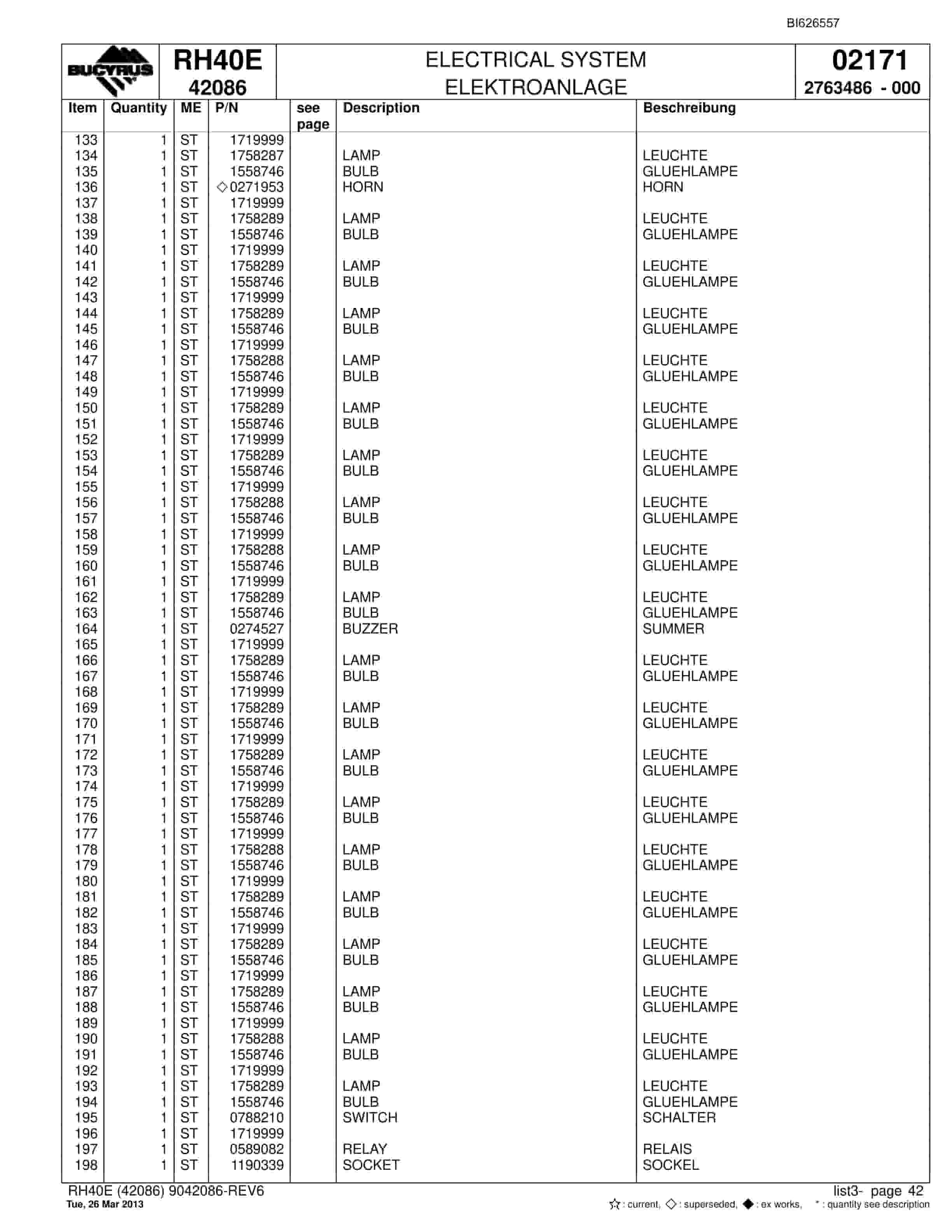 Bucyrus RH40E Hydraulic Excavator Parts Catalog BI626557-2
