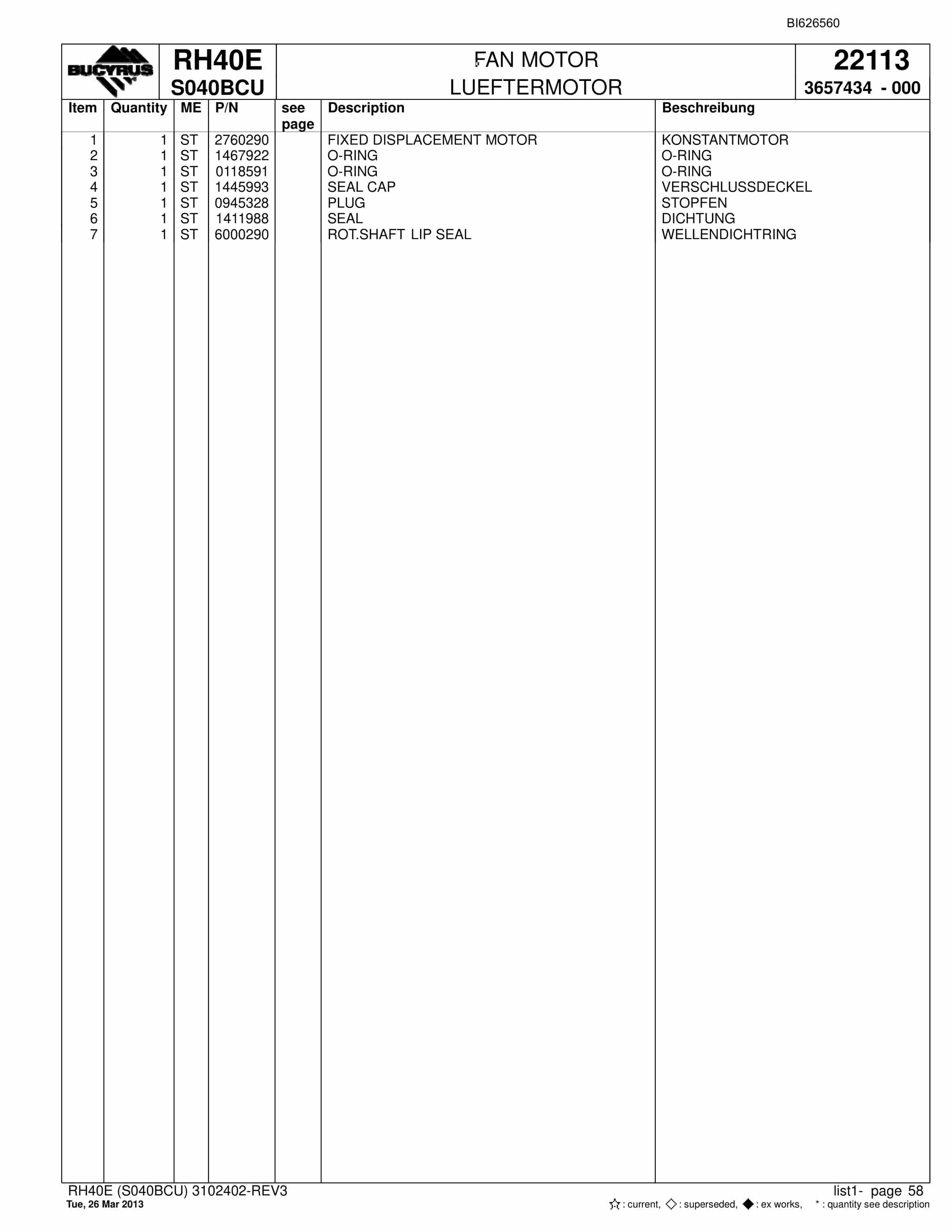 Bucyrus RH40E Hydraulic Excavator Parts Catalog BI626560-2