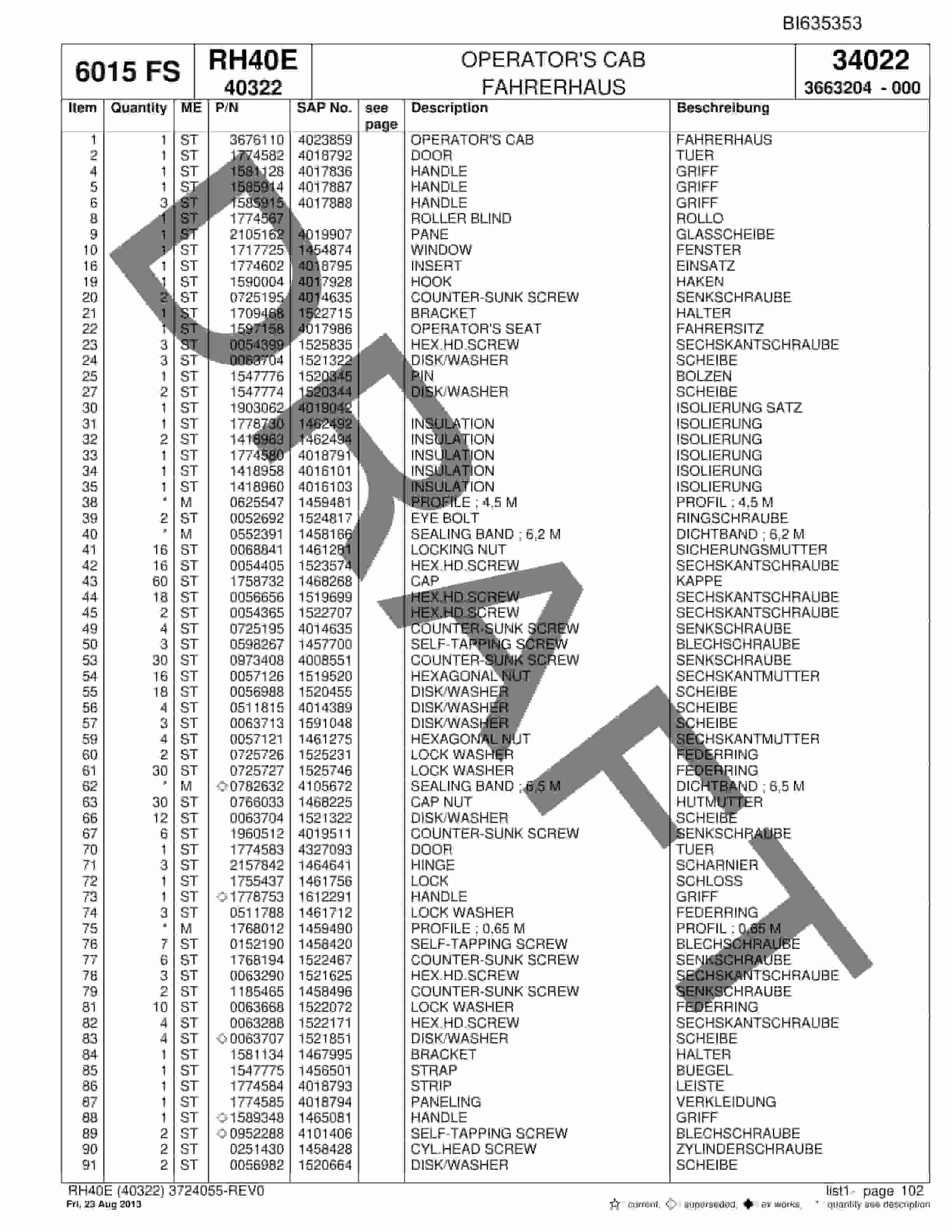 Bucyrus RH40E Hydraulic Excavator Parts Catalog BI635353-5