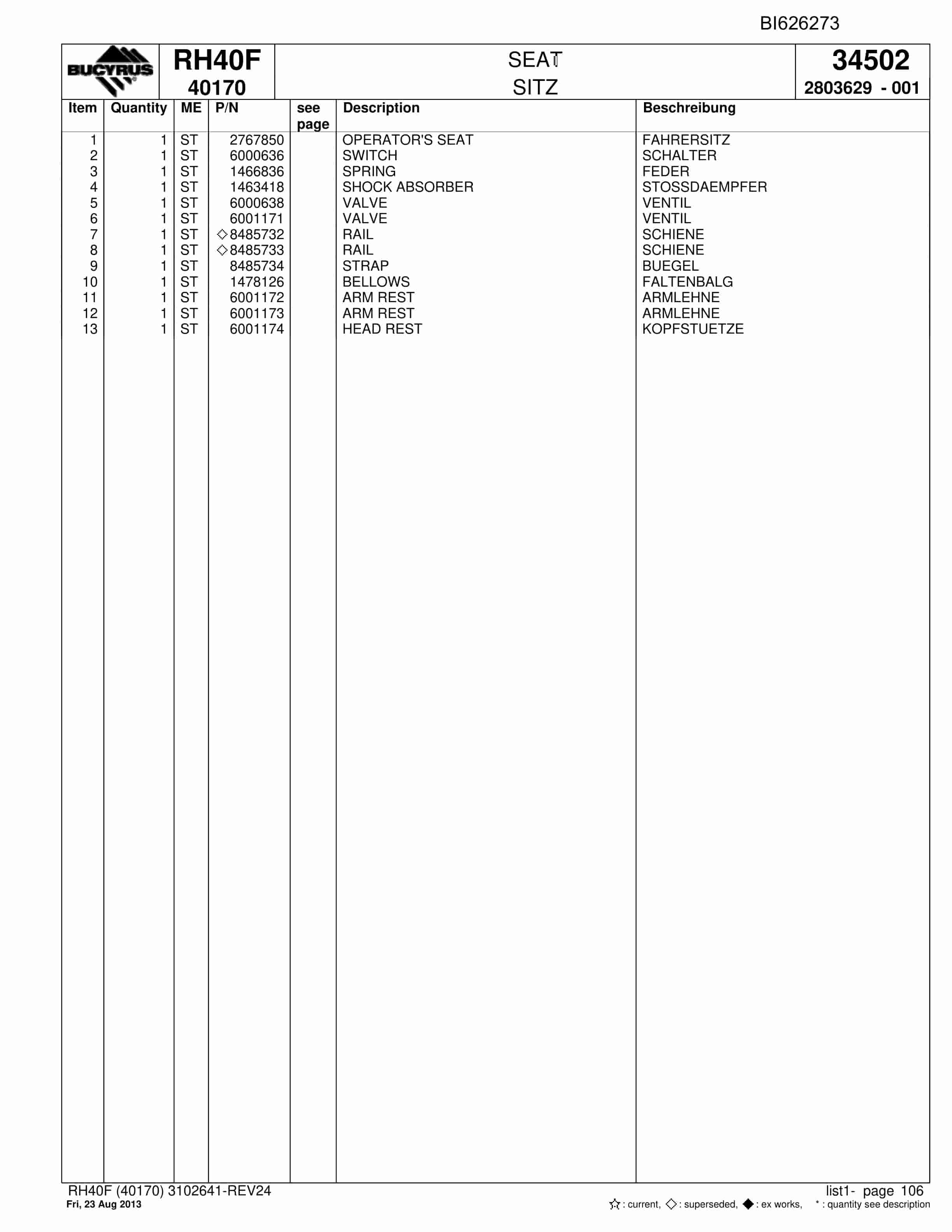 Bucyrus RH40F Hydraulic Excavator Parts Catalog BI626273-5