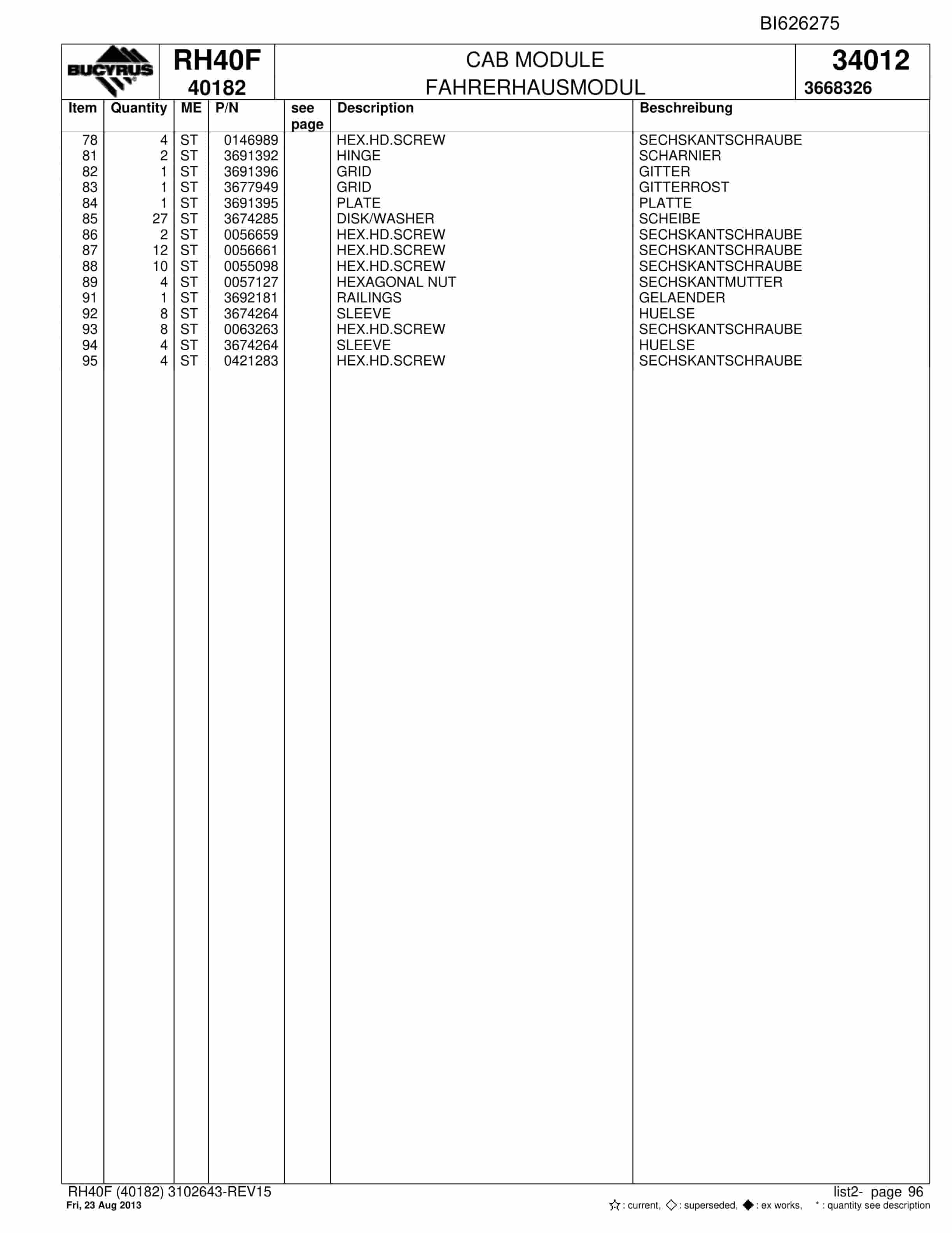 Bucyrus RH40F Hydraulic Excavator Parts Catalog BI626275-4