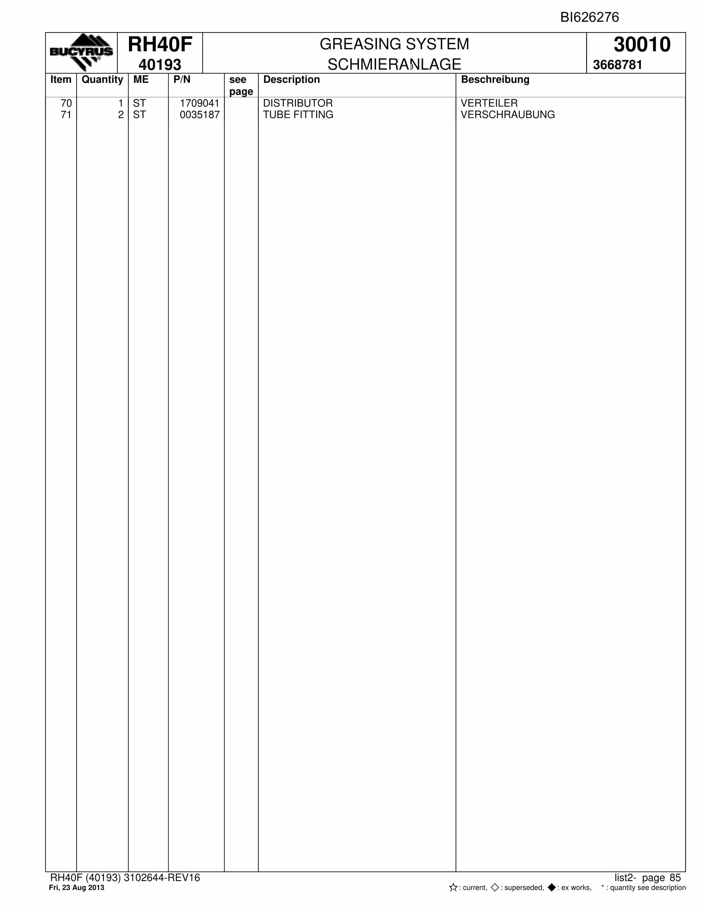 Bucyrus RH40F Hydraulic Excavator Parts Catalog BI626276-3