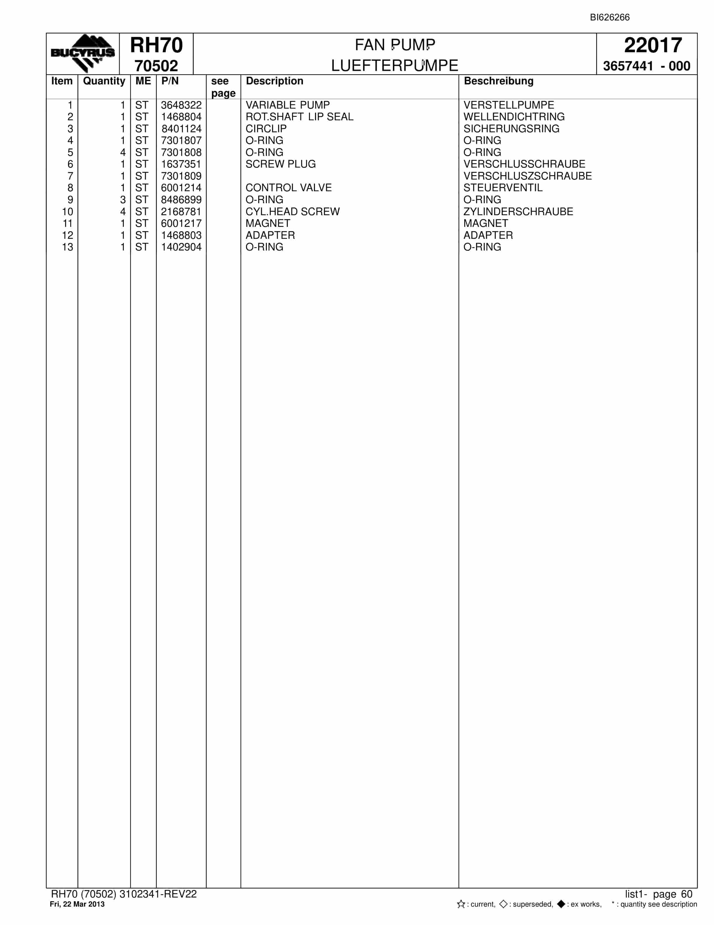 Bucyrus RH70 Hydraulic Excavator Parts Catalog BI626266-2