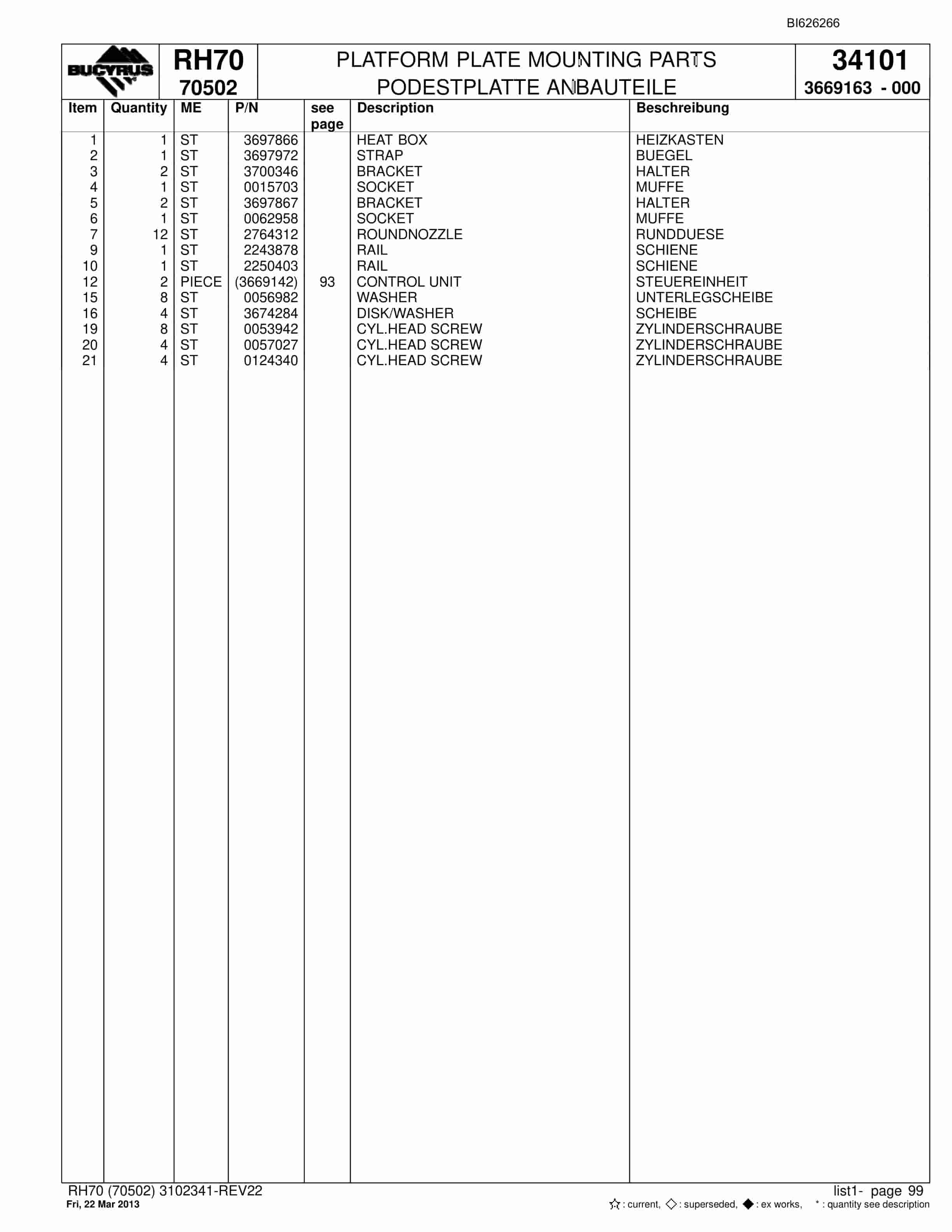 Bucyrus RH70 Hydraulic Excavator Parts Catalog BI626266-5