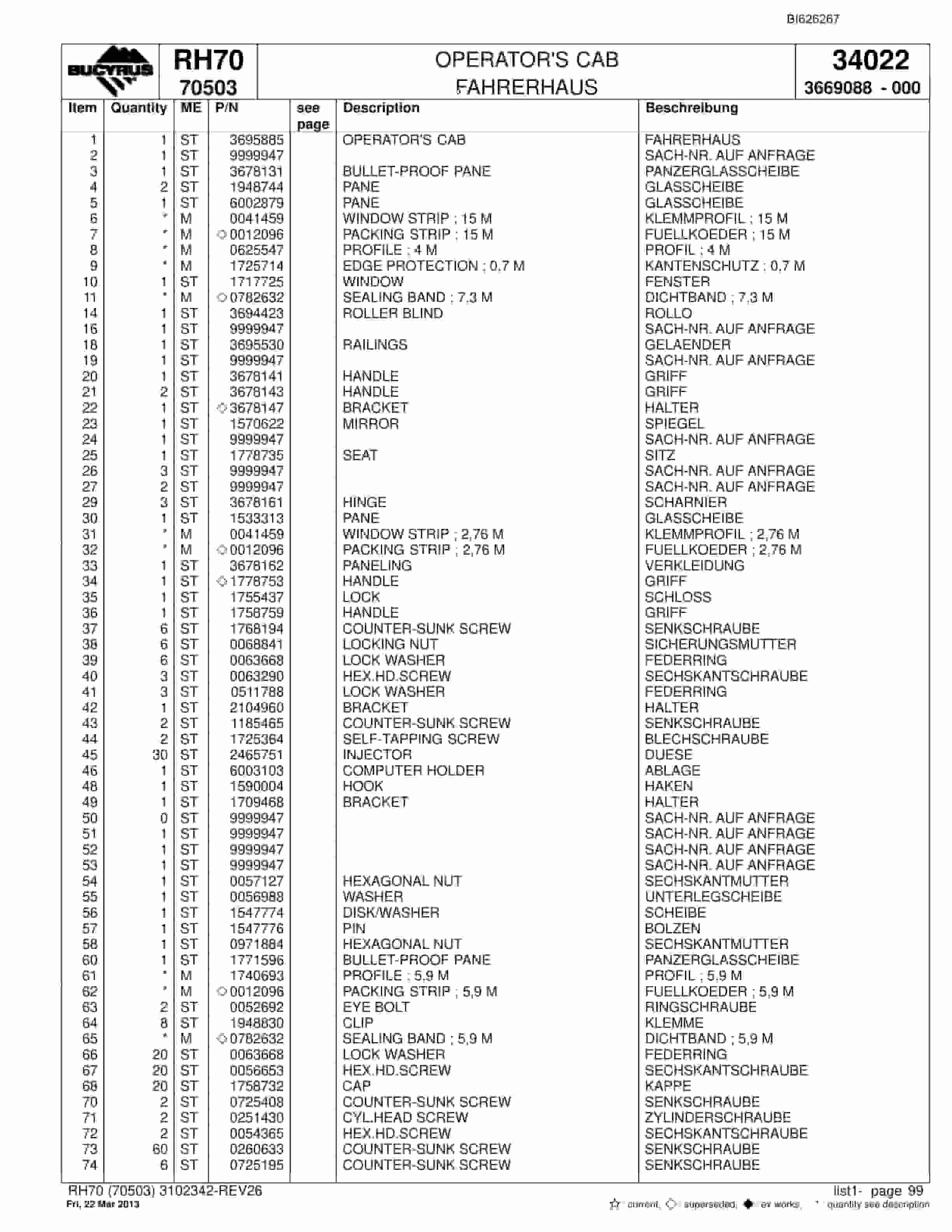 Bucyrus RH70 Hydraulic Excavator Parts Catalog BI626267-5