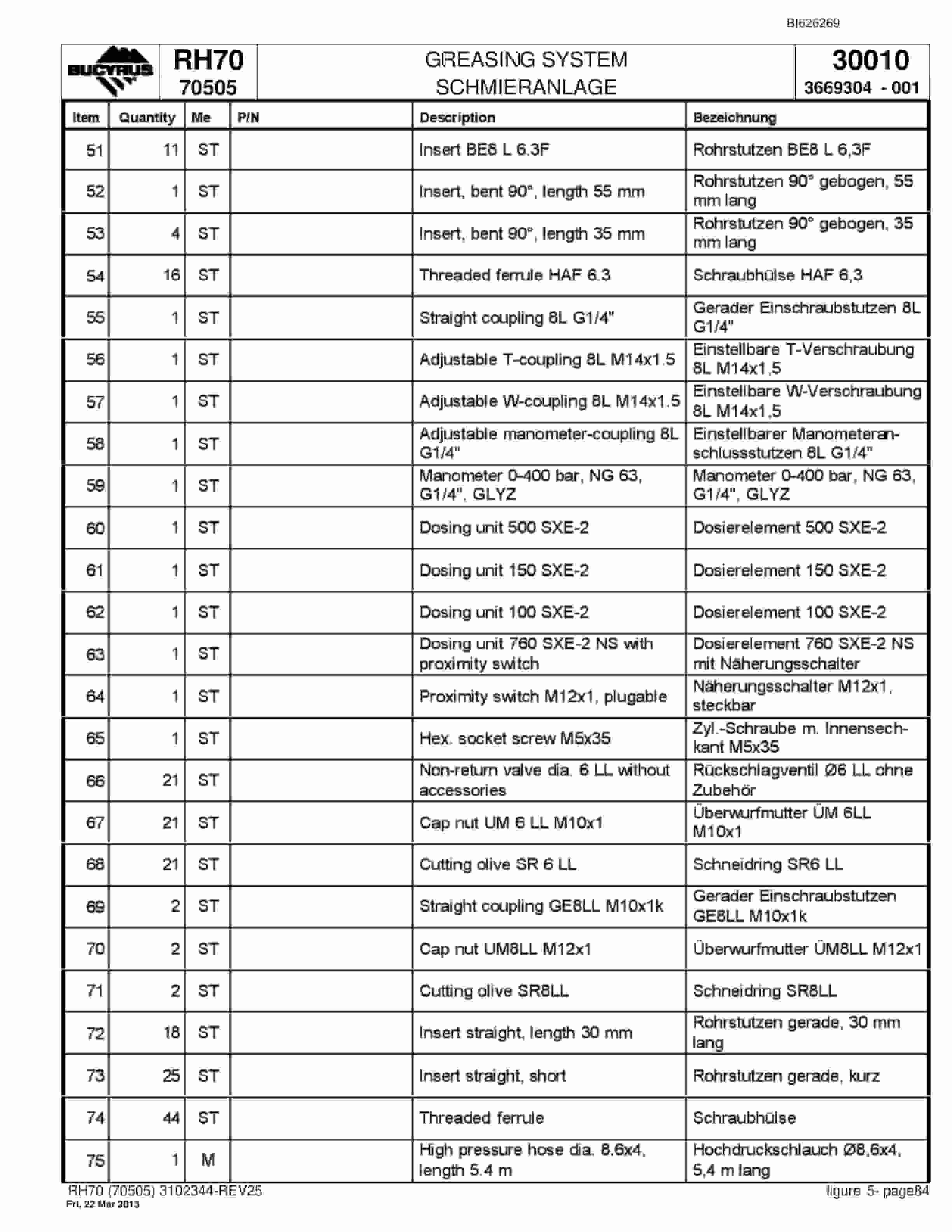 Bucyrus RH70 Hydraulic Excavator Parts Catalog BI626269-3