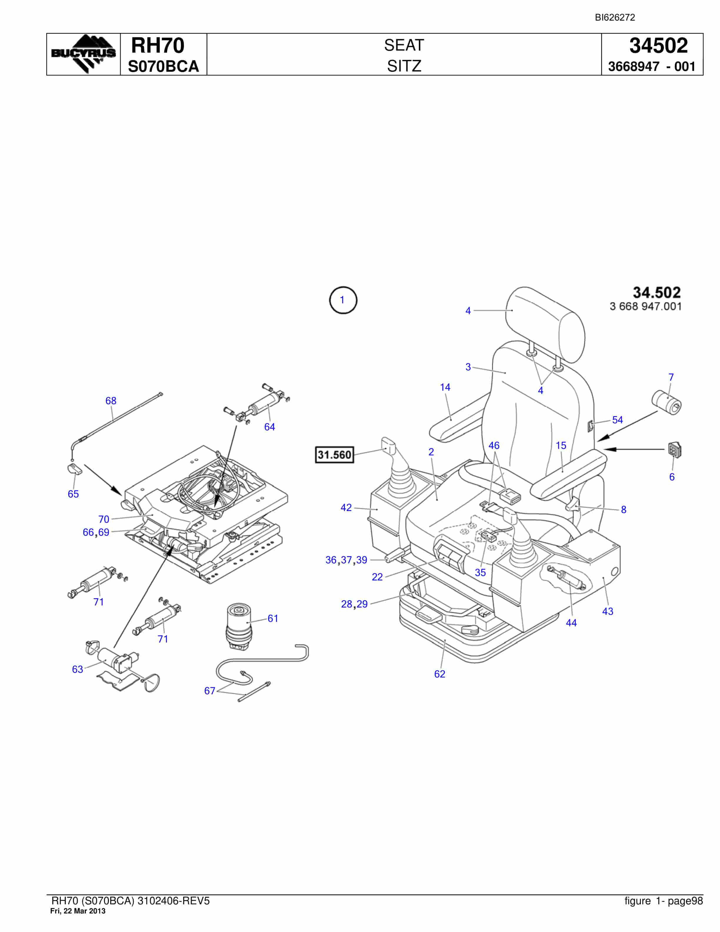 Bucyrus RH70 Hydraulic Excavator Parts Catalog BI626272-5