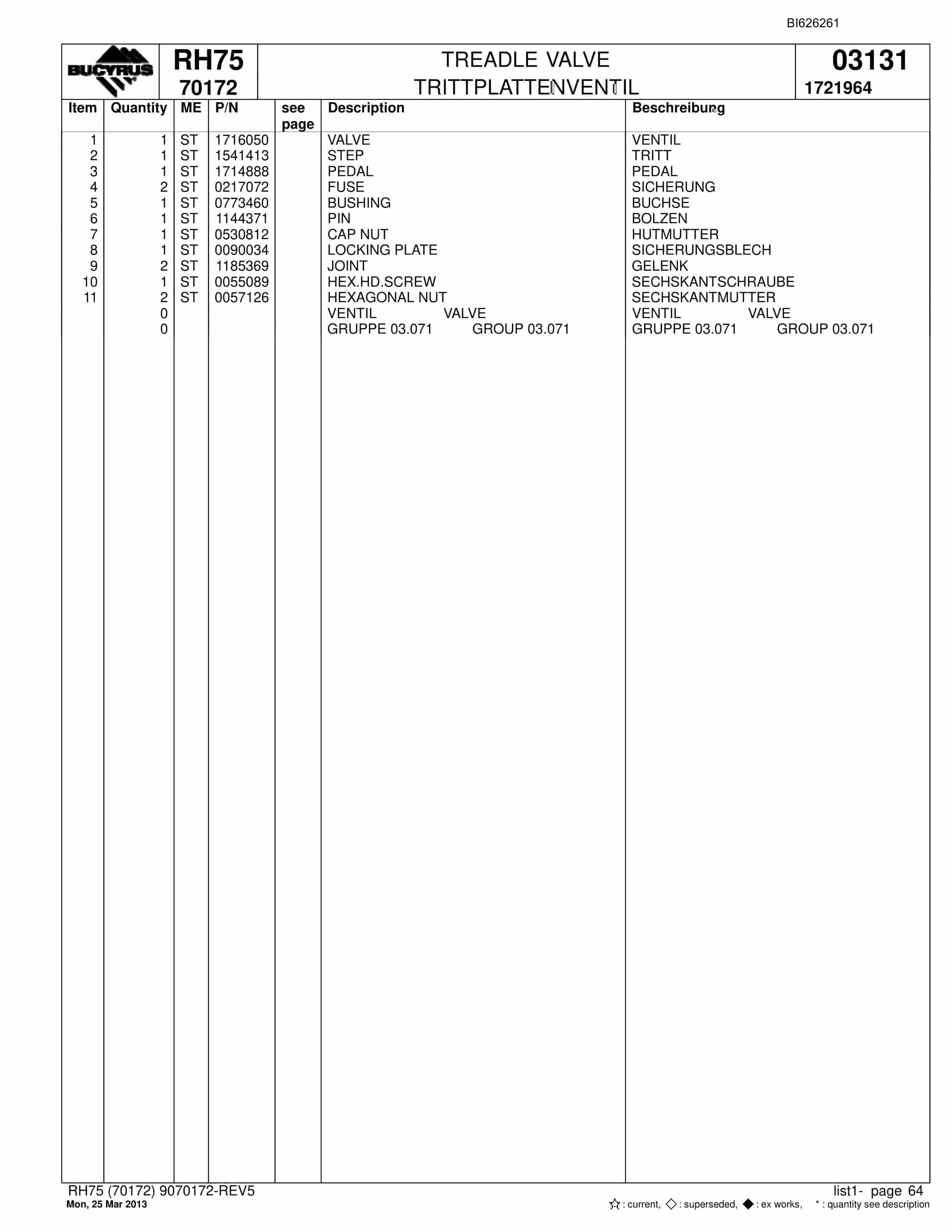 Bucyrus RH75 Hydraulic Excavator Parts Catalog BI626261-3