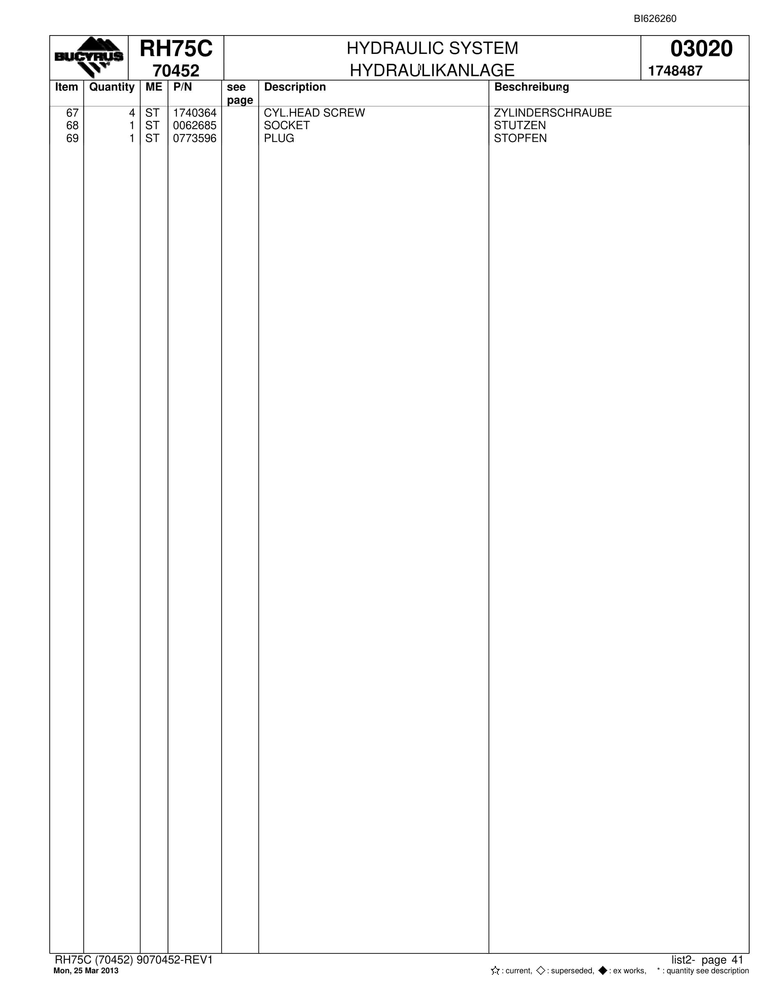 Bucyrus RH75C Hydraulic Excavator Parts Catalog BI626260-2