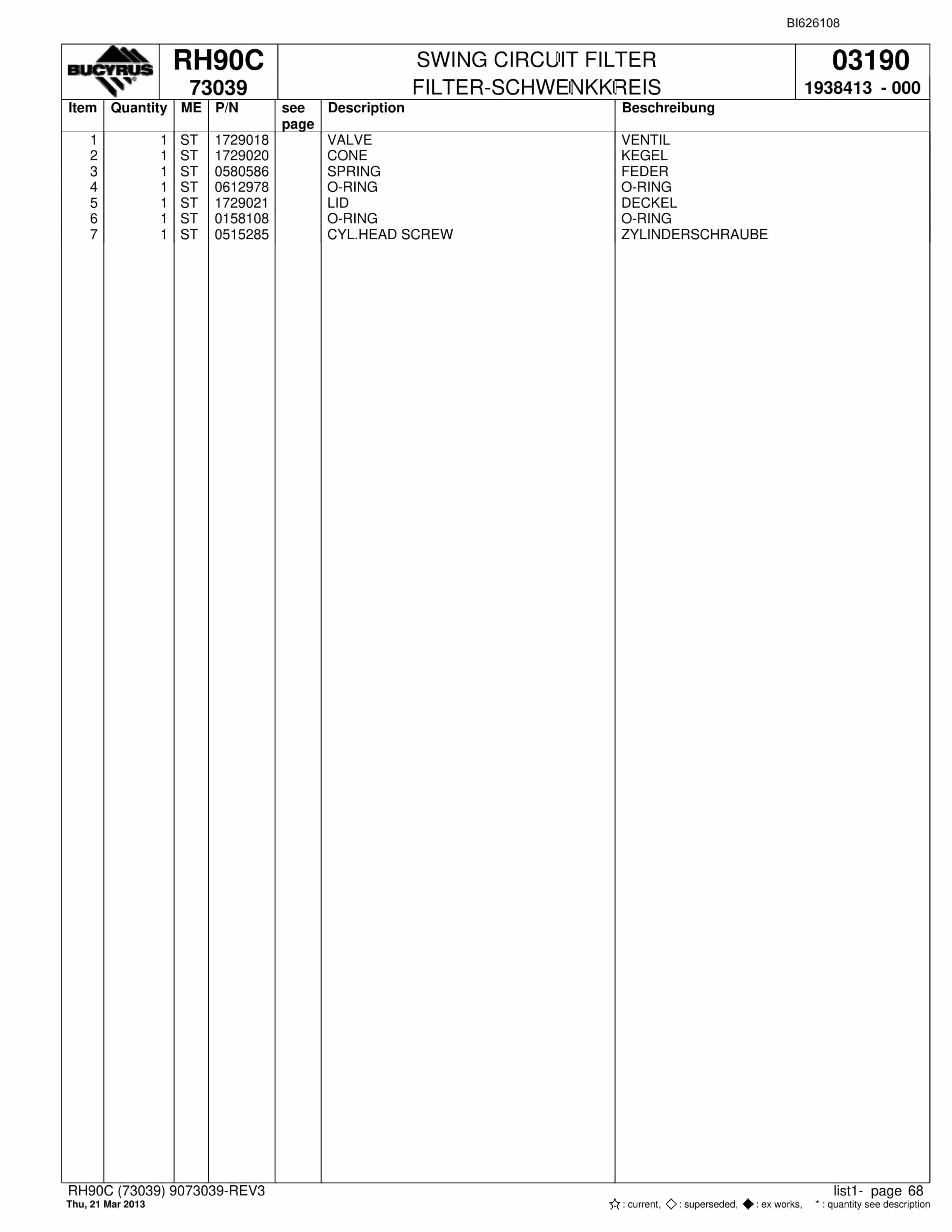 Bucyrus RH90C Hydraulic Excavator Parts Catalog BI626108-5