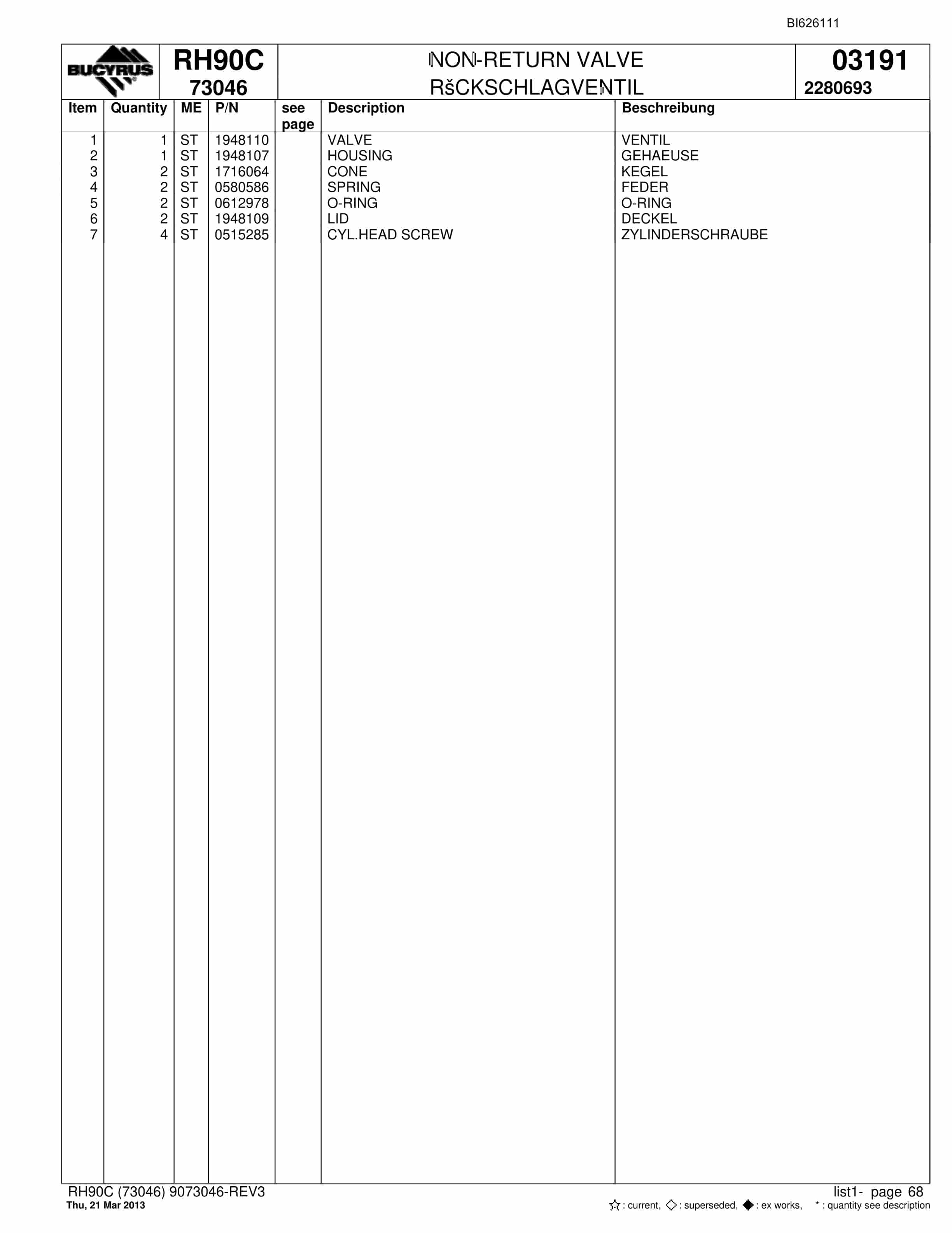 Bucyrus RH90C Hydraulic Excavator Parts Catalog BI626111-5