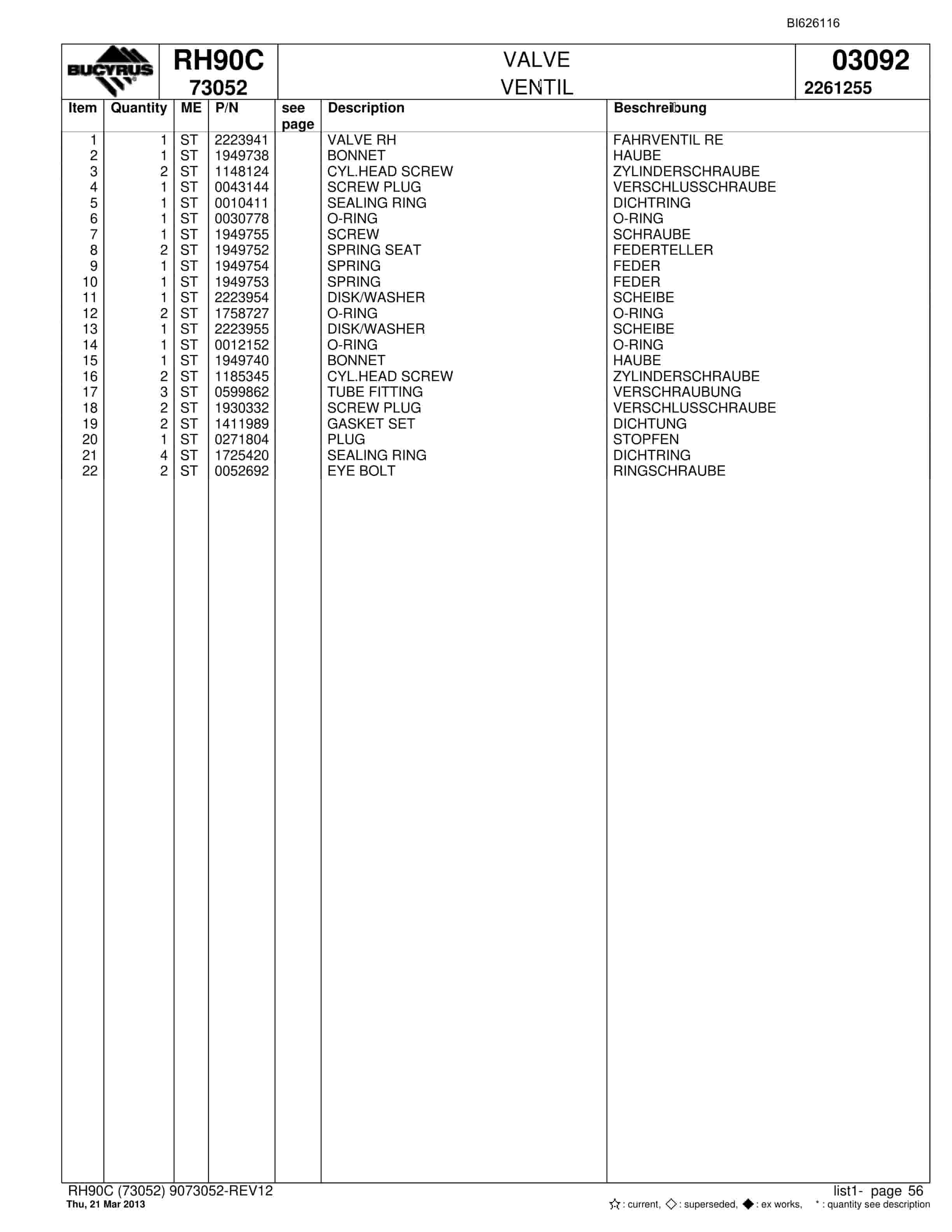 Bucyrus RH90C Hydraulic Excavator Parts Catalog BI626116-3